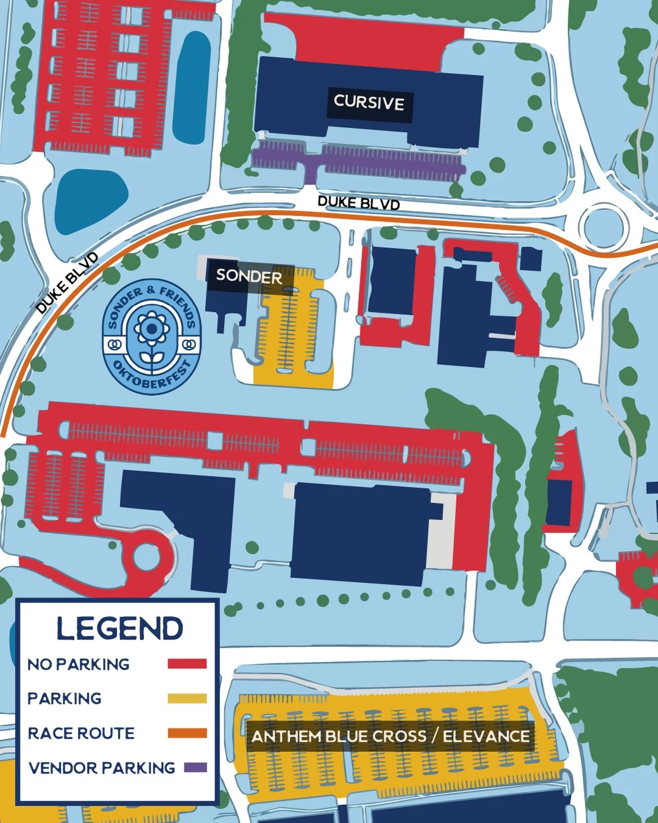 Parking Information:

Sonder Brewing Lot:
Available before 9:00 AM and after 12:00 PM

Anthem Blue Cross / Elevance:
Open for parking all day

Vendor Parking Only:
 Cursive &mdash; off Duke Blvd

⚠️ Please note: Duke Blvd will be closed from 9:00 AM 