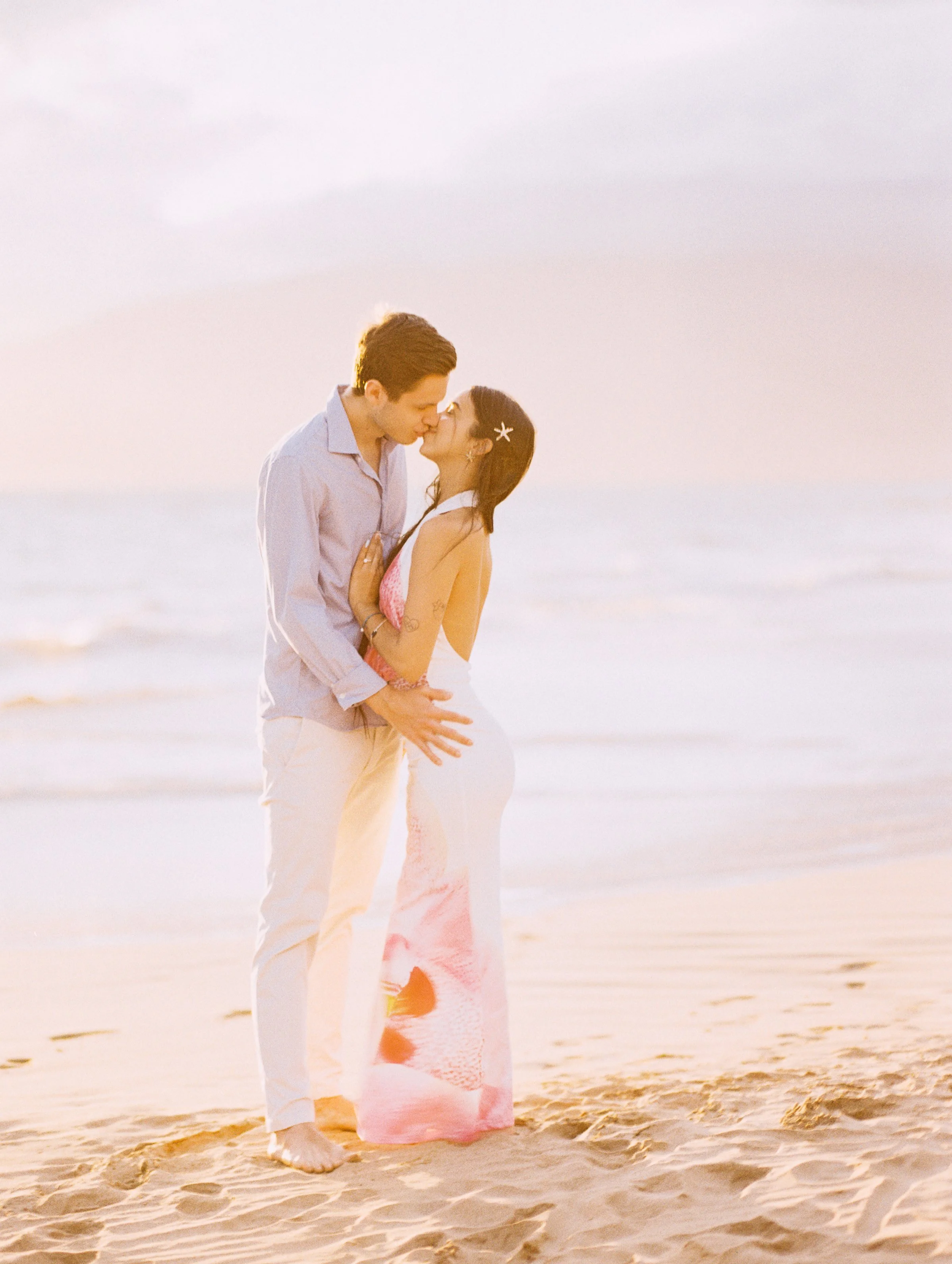A Wailea engagement beach photoshoot on film at sunset