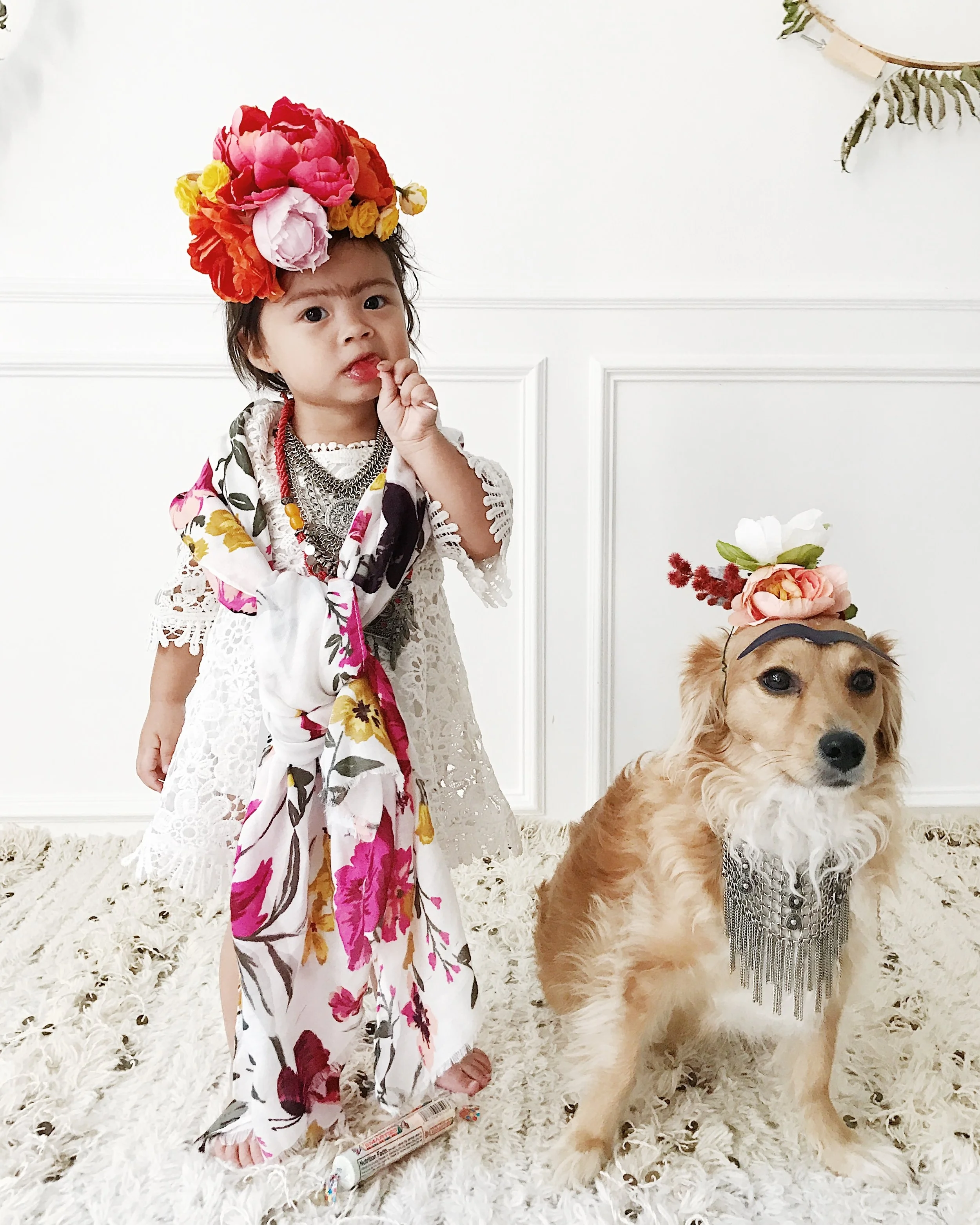 DIY Frida Kahlo Kids Costume plus DIY Silk Flower Crown with Smarties Candy Company