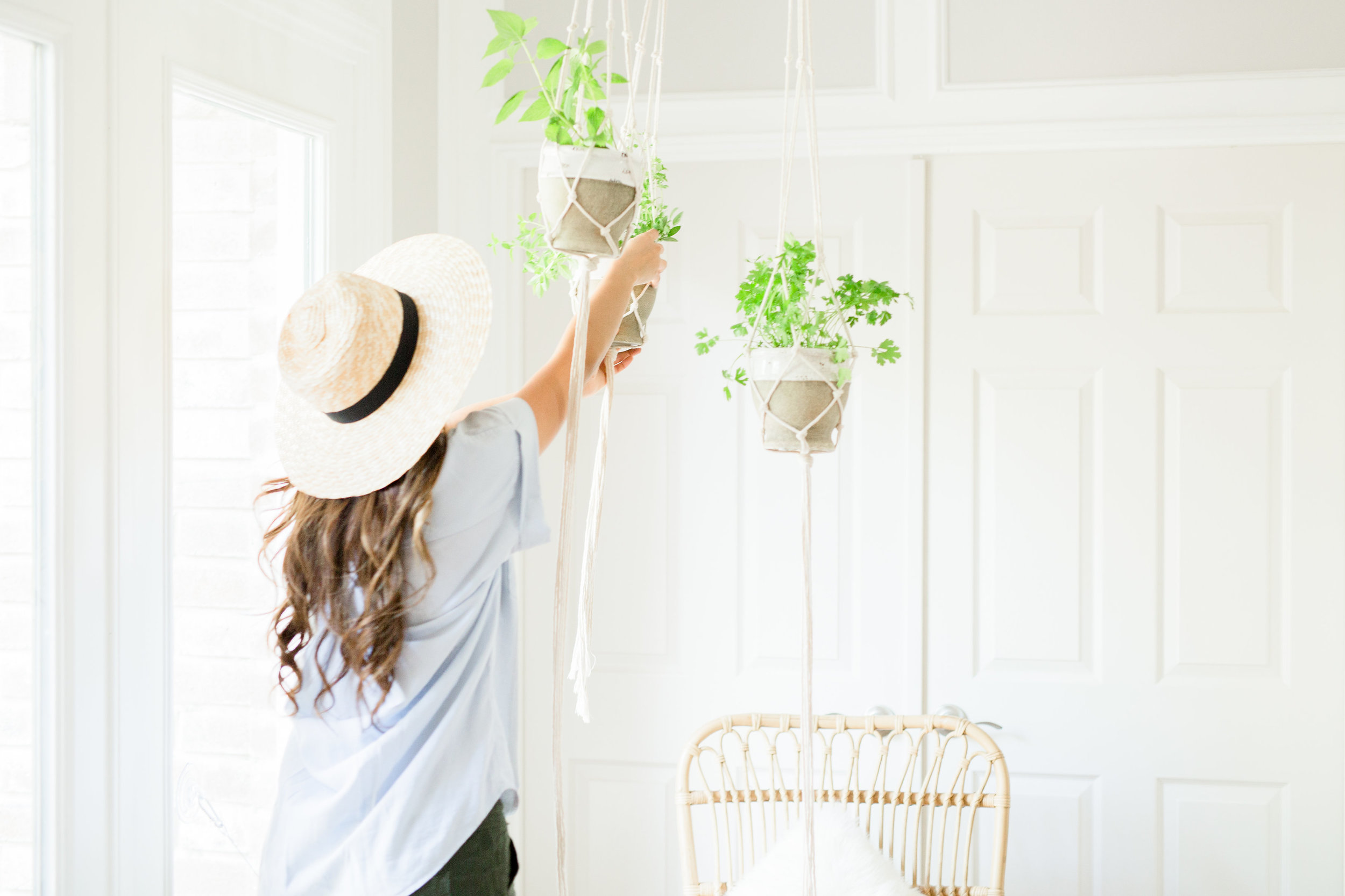 Herb garden play date toddler activity with DIY macrame hanger urban garden