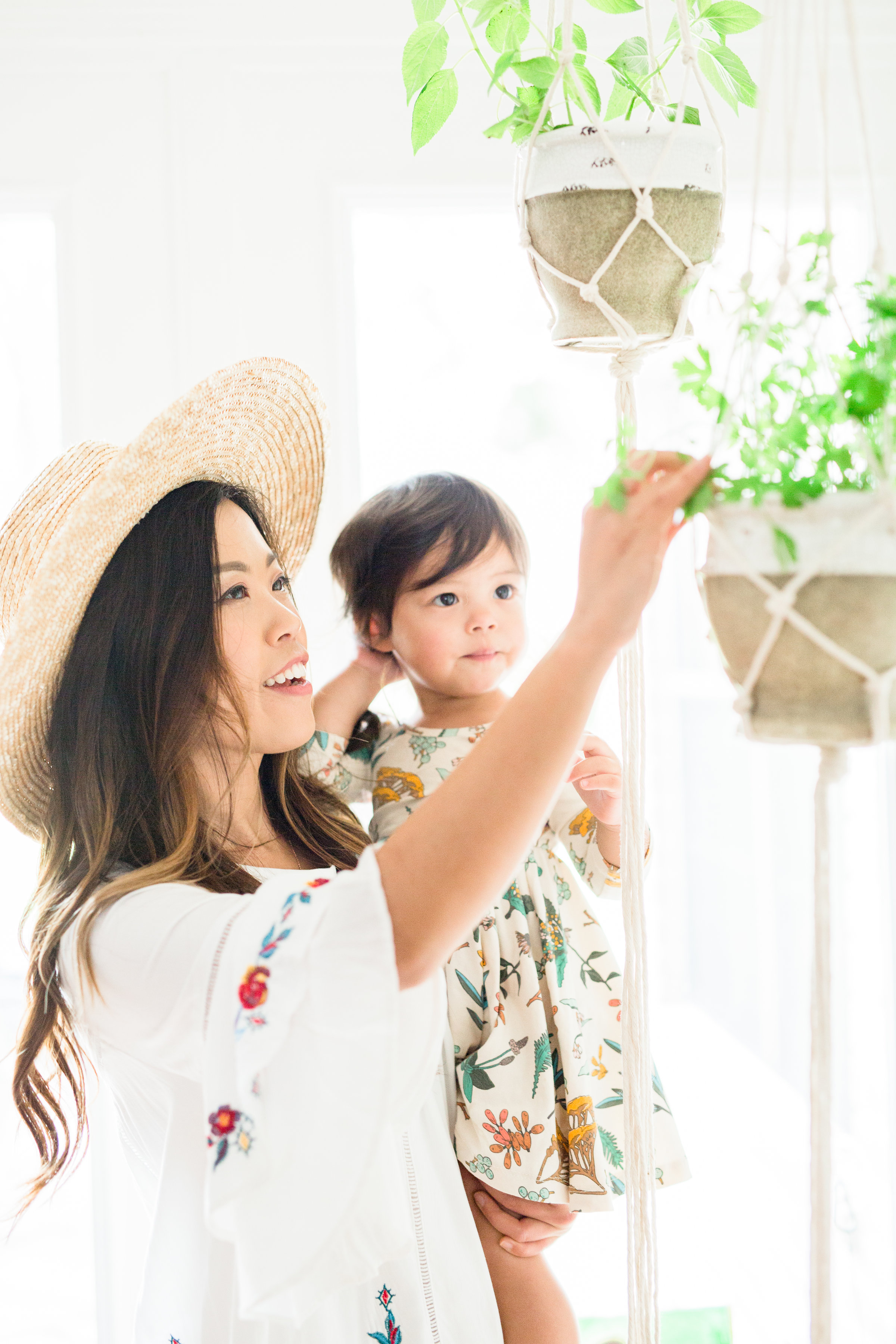 Herb garden play date toddler activity with DIY macrame hanger urban garden