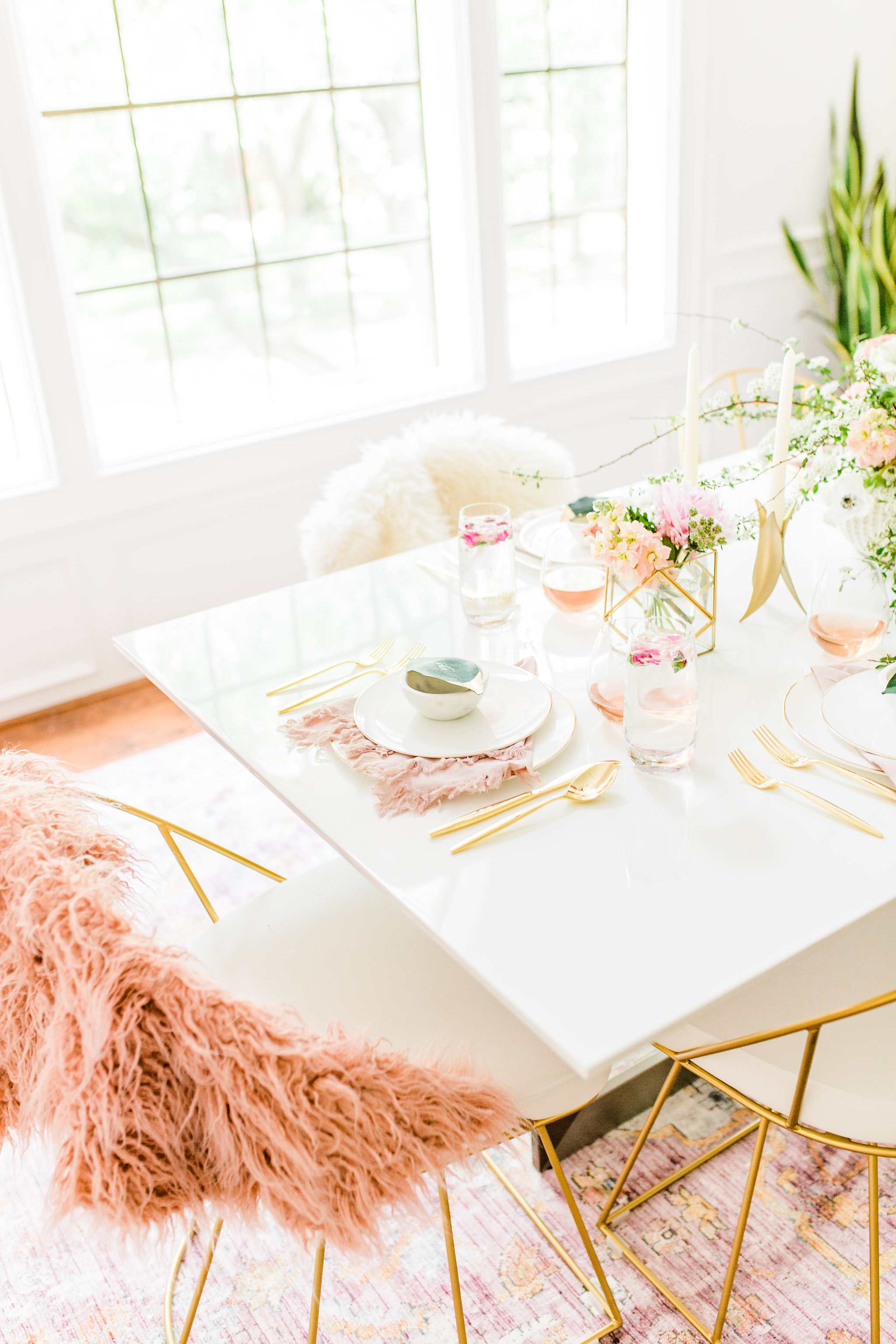 Olivia and Oliver Gold, Blush and Greenry Plants Gilded Garden Styled Bridal Shower Brunch with Bed Bath Beyond White dining table.jpg