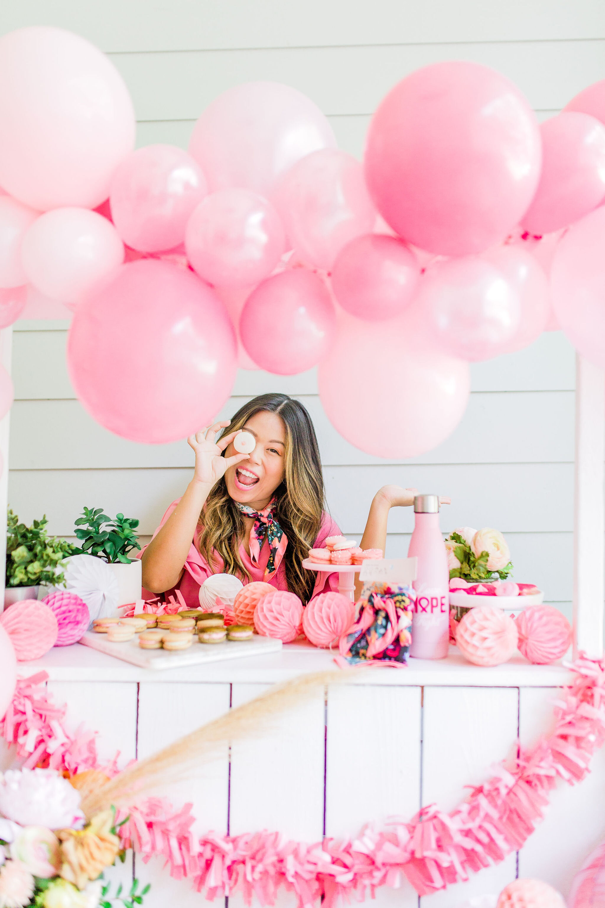 DIY Pink Macaron Cookie Stand - Stage Pink October pink Balloon Garland Party Boobie Macaron