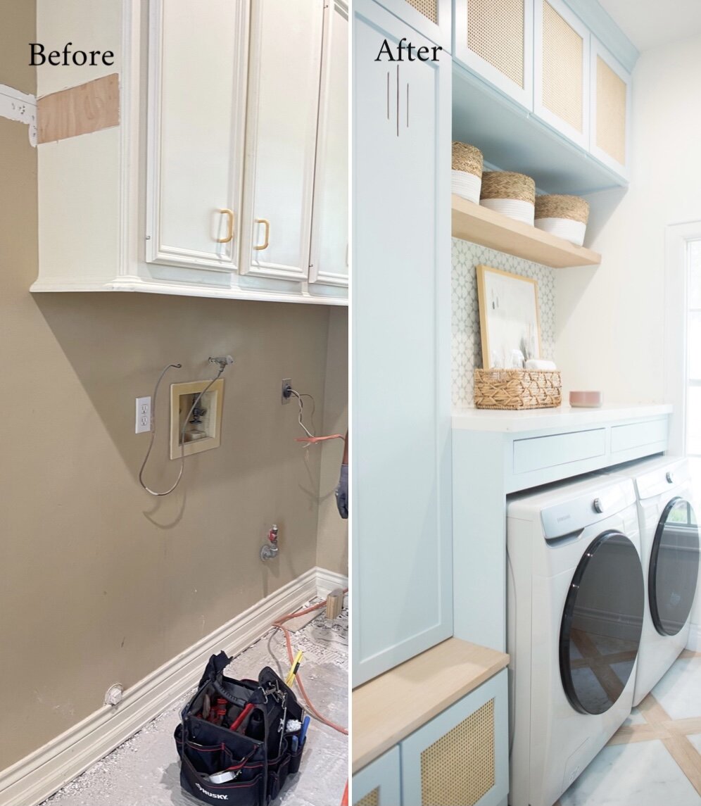 Transitional Blue Serene Mudroom Laundry Room Makeover with 4 Must