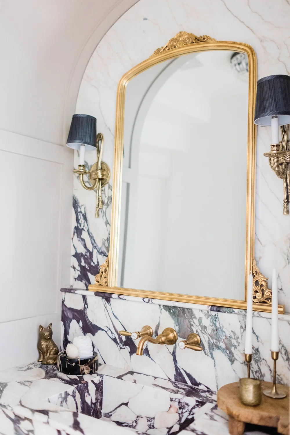 powder bathroom remodel home depot decor house renovation anthropologie mirror dupe marble backsplash candlesticks
