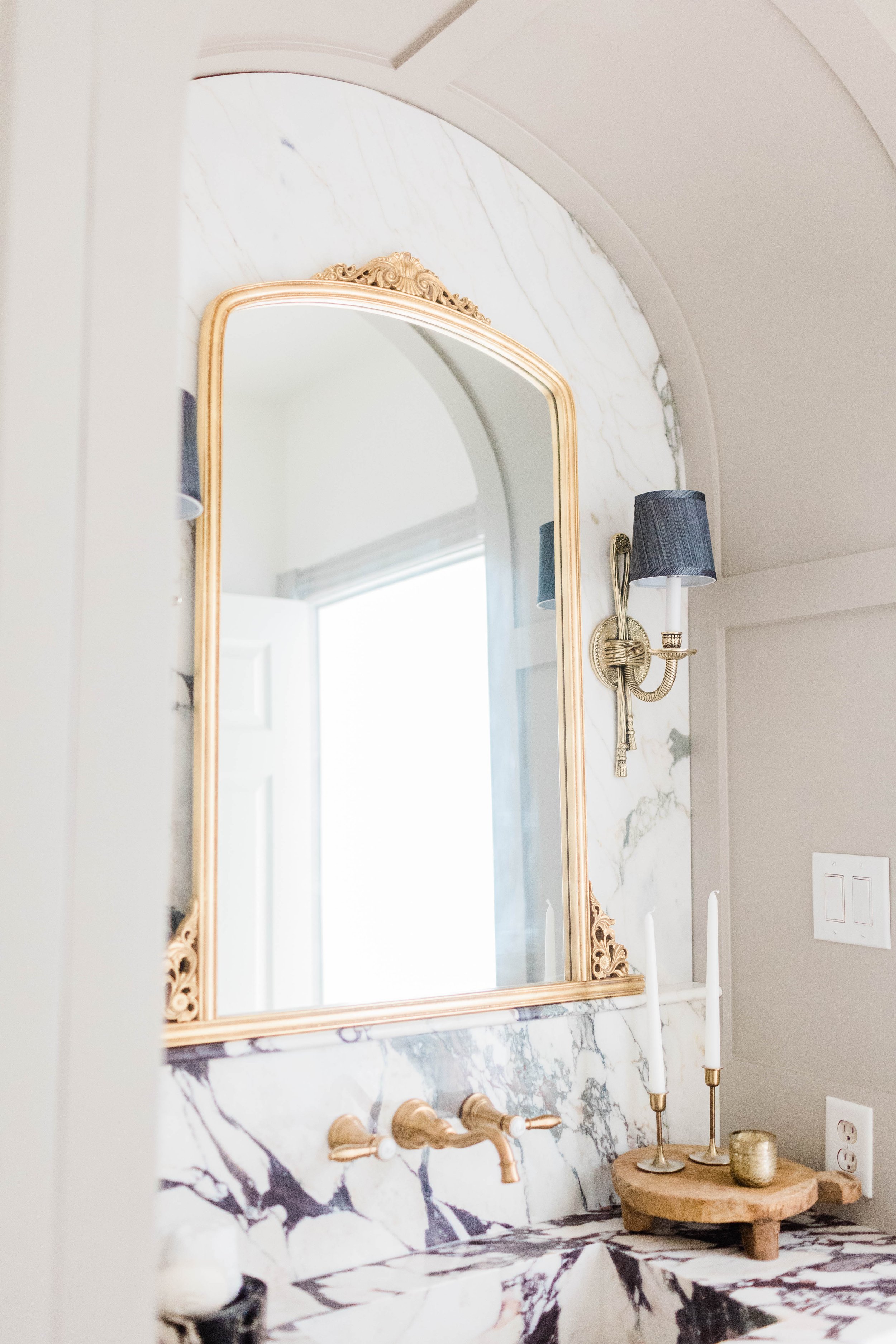 powder bathroom remodel home depot decor house renovation anthropologie mirror dupe marble backsplash candlesticks