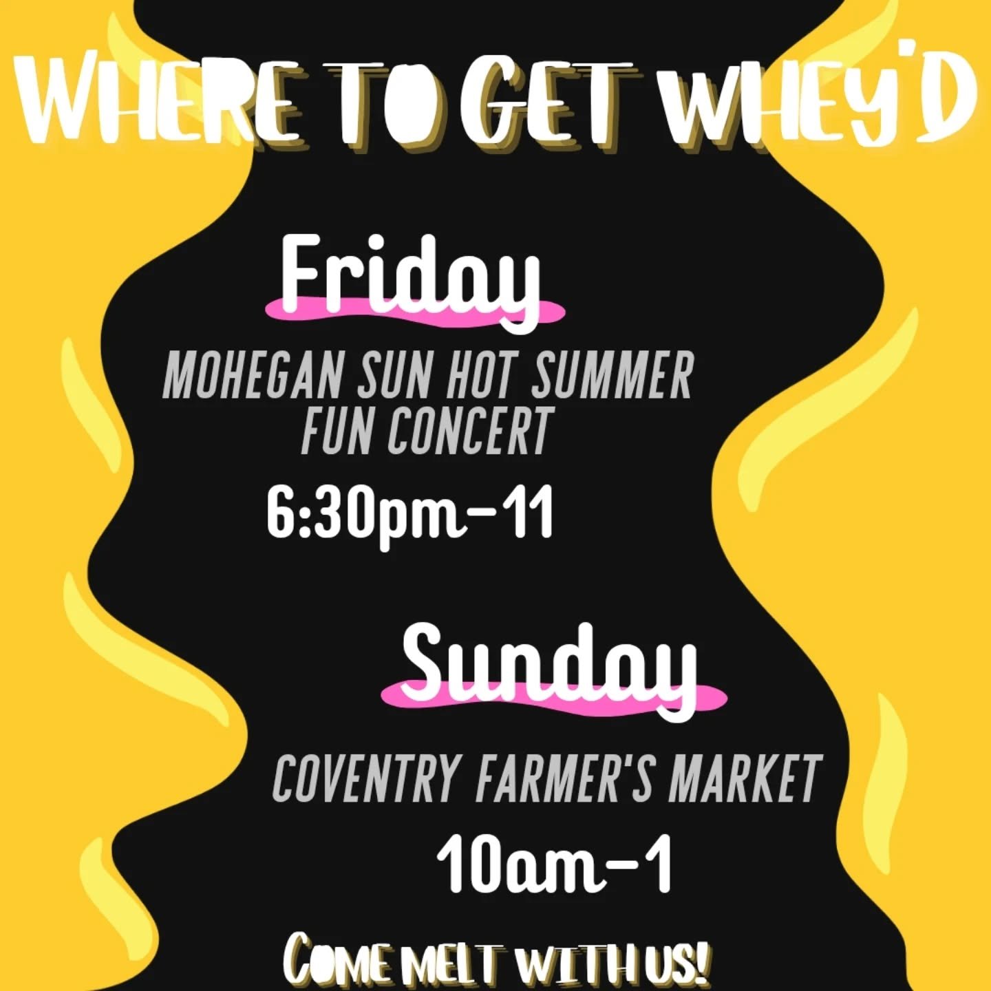 SPICY. The sun is NO JOKE rn folks. We are nevertheless dedicated to bringing you toasty, melty, cheesy deliciousness. Well be as close to the sun as we can get on the rooftop @mohegansun, but parked under a shady tree @coventryfarmersmarket. Whateve