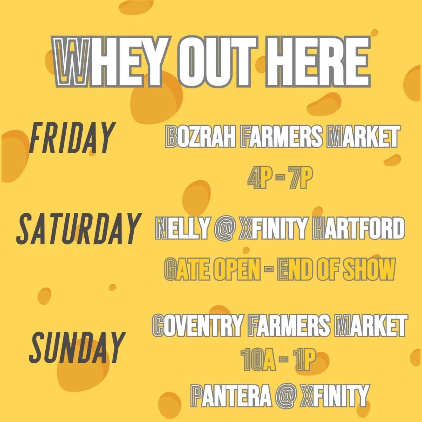 HELLOOO! What's up?? Who's ready to eat?? A weekend packed with shows and markets is upon us. Check us out with @nelly and @pantera and in the farther reaches of the state at the farmers markets! Can't wait to see all your cheesy faces out there.

#g