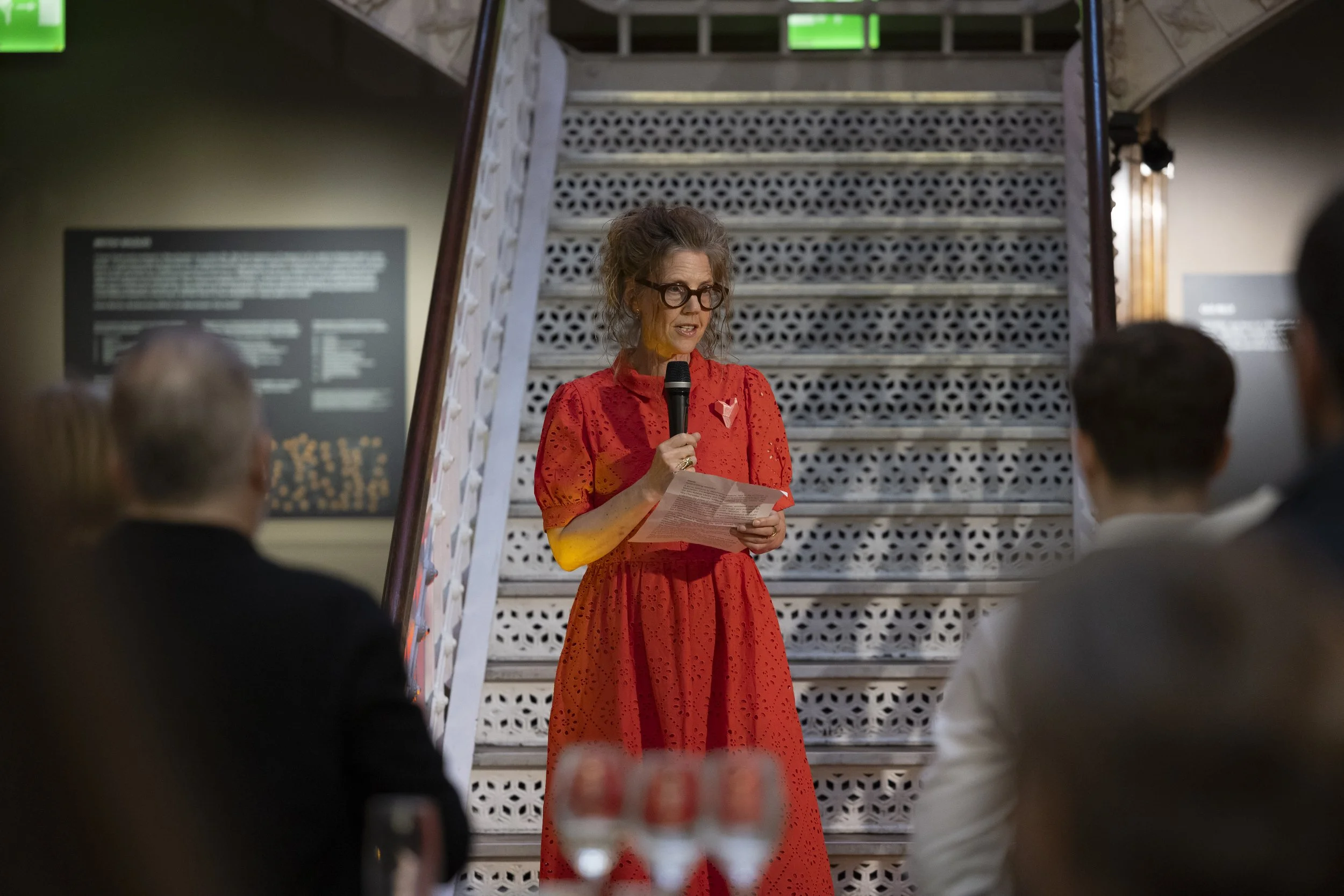  Esme Ward, director of Manchester Museum, speaking to an audience during an event at the museum.   