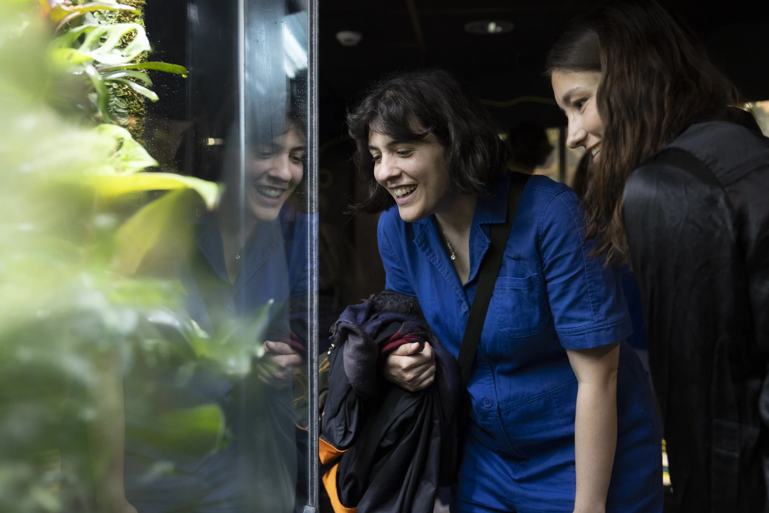 Two women  at an event for German cultural institution Ubermorgen look at frogs in a vivarium in Manchester Museum