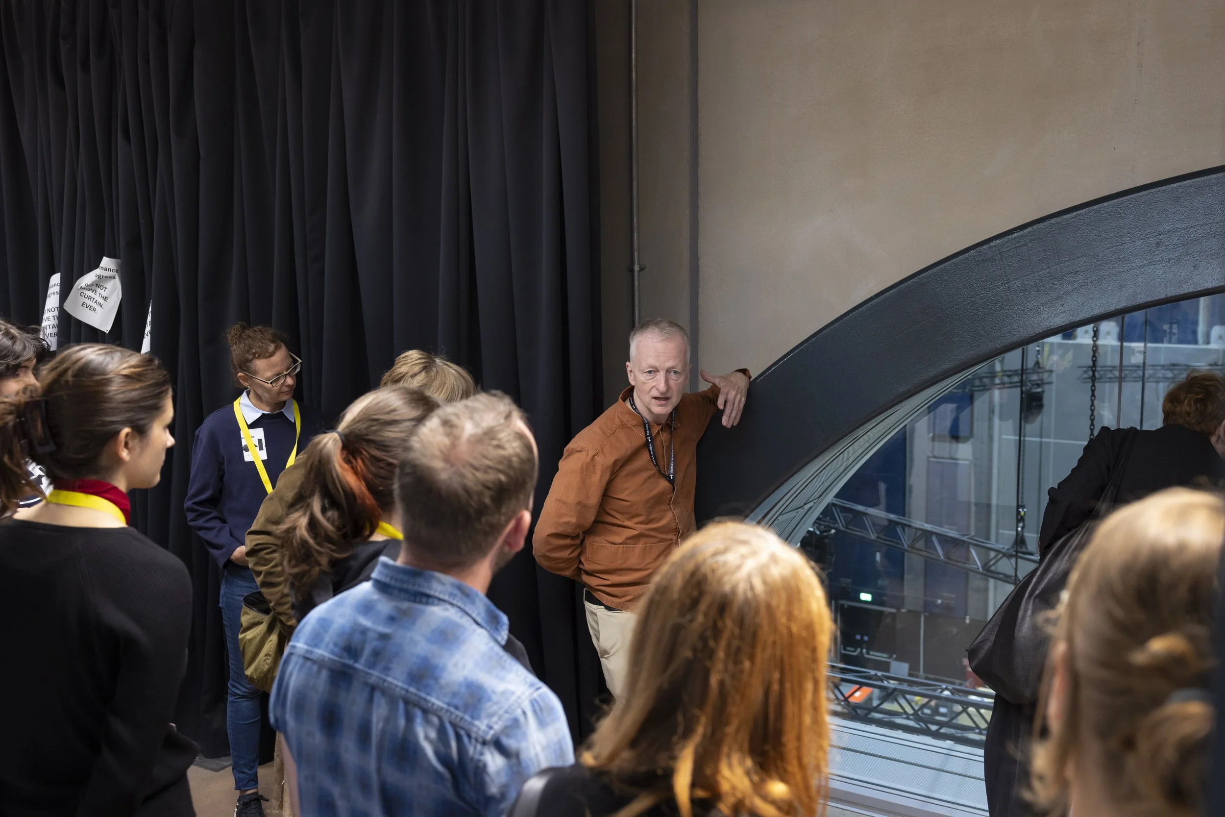 John McGrath head of Factory International speaks to German cultural leaders at an Ubermorgen fact finding trip