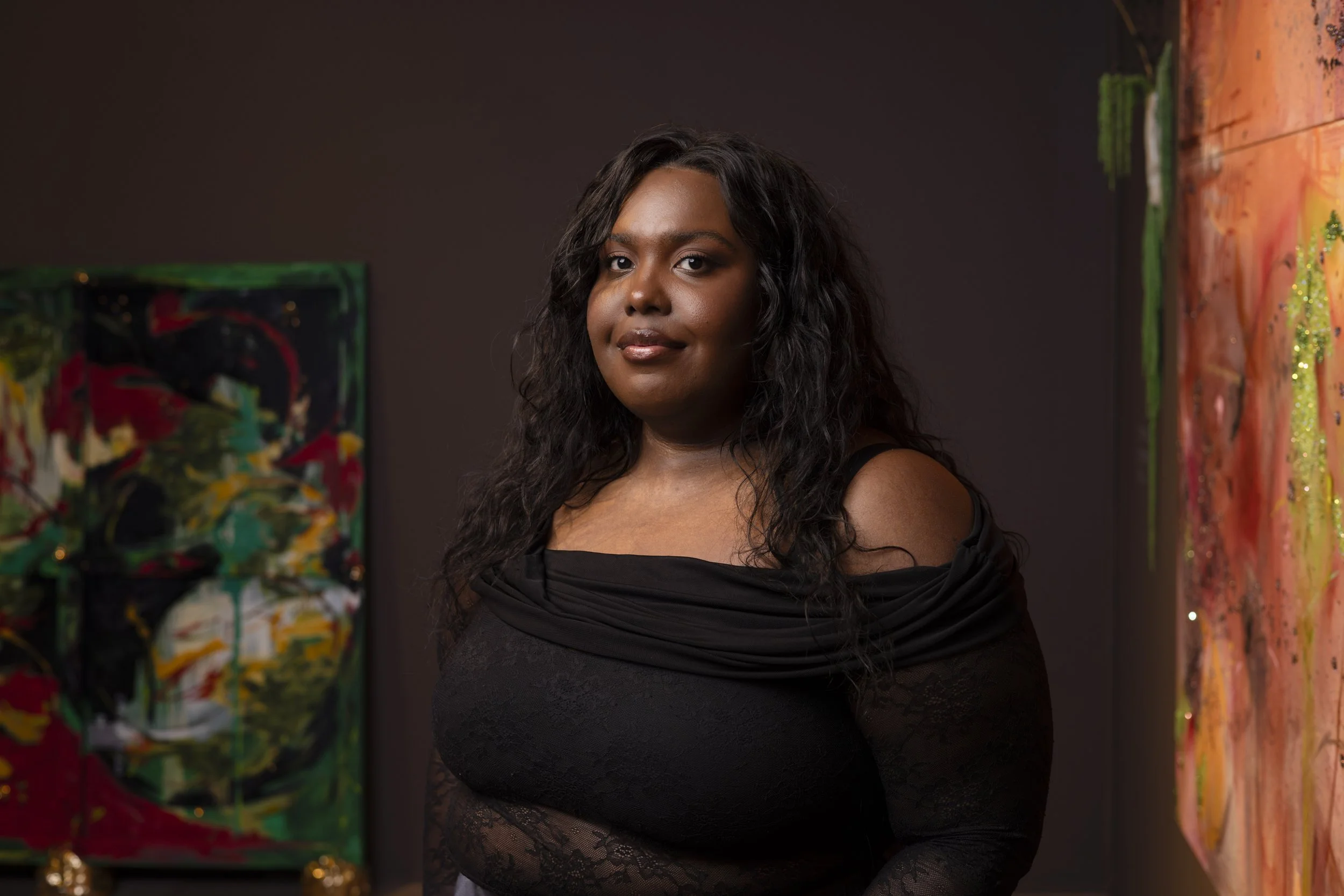 Portrait of artist Michaela Yearwood-Dan at exhibition opening, Whitworth Art Gallery Manchester.