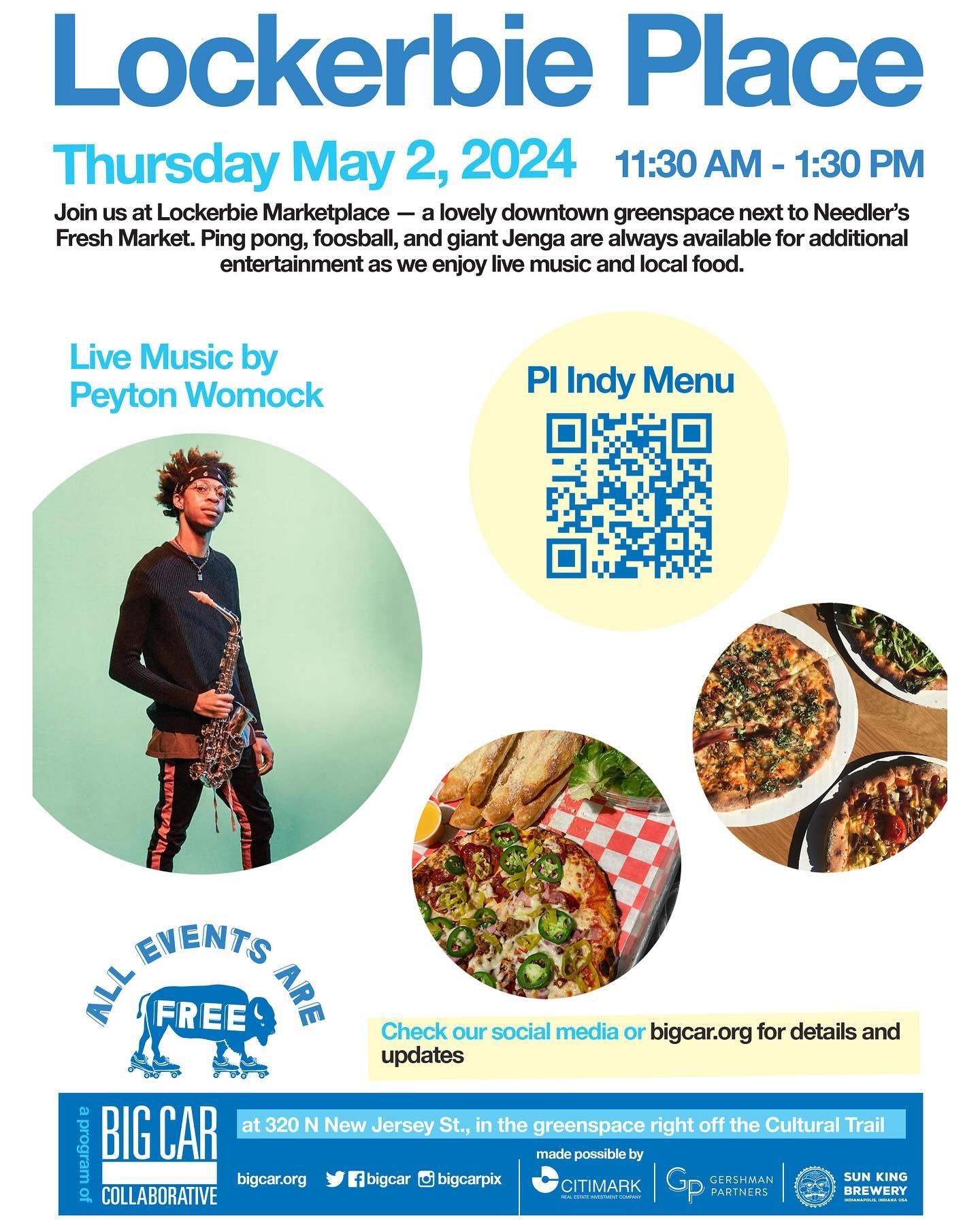 Check out the lineup for Lockerbie Place for Thursday, May 2! 🌟

From 11:30 a.m. to 1:30 p.m.,

 🎶 Live music by Peyton Womock
🍕  Food from vendor Pi Indy

And, as always,

🏓  Pingpong, foosball, &amp; giant Jenga
🌱  Relaxing greenspace

All eve