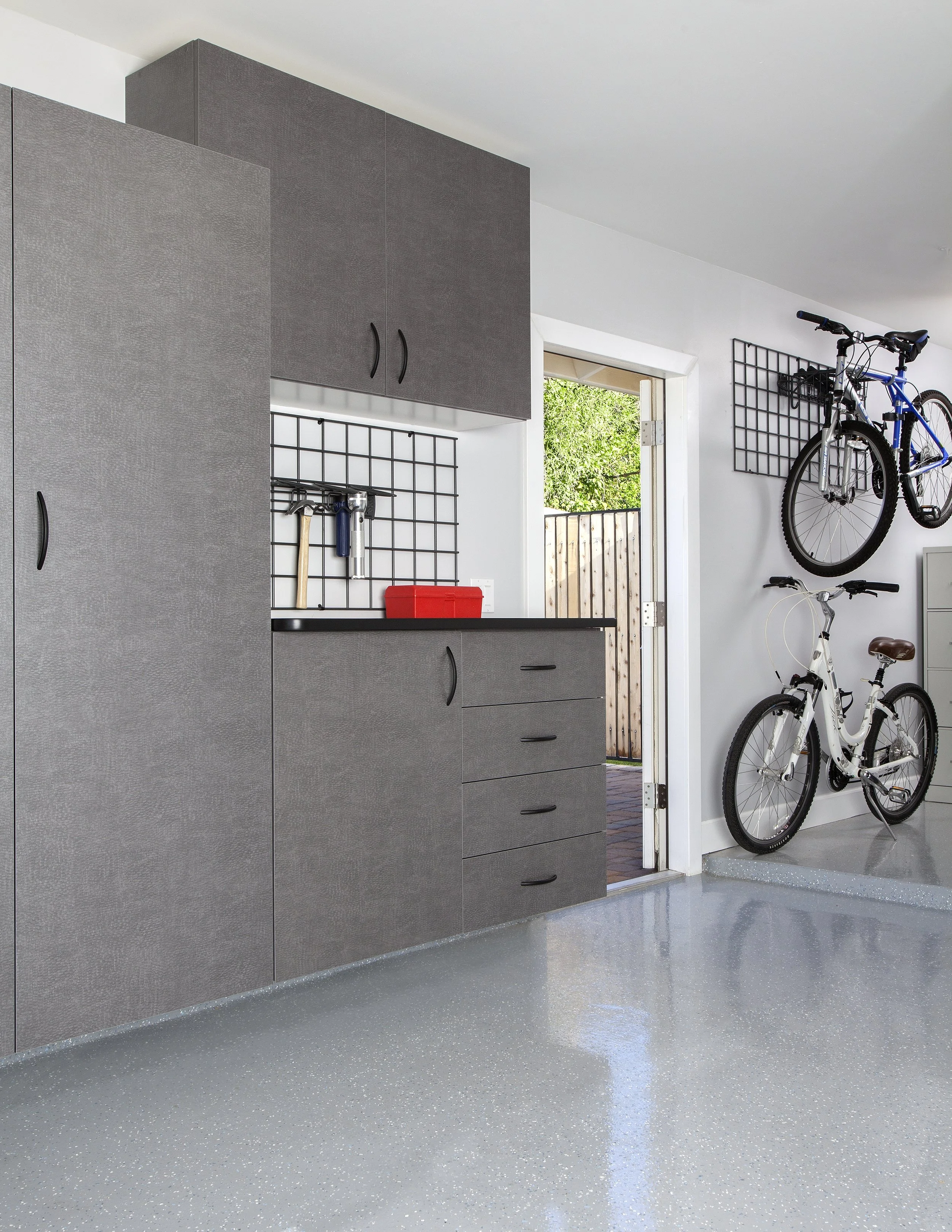 Pewter Cabinets with Ebony Star Workbench-Bike Racks 2012.jpg