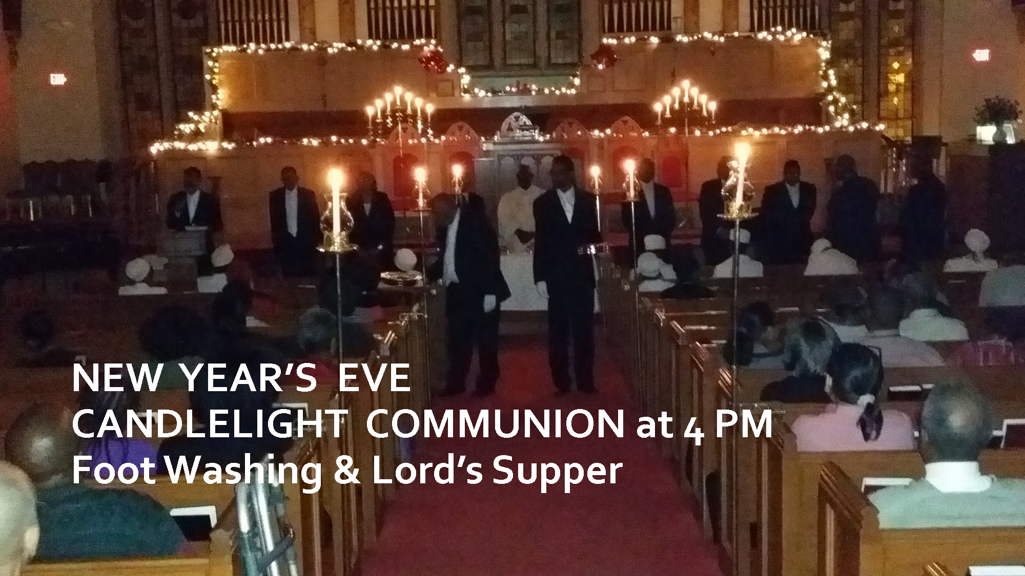      

 
   This year, we invite you and your whole family to join us for our New Year’s Eve Candlelight Celebration. You will ingest the symbols of Christ: bread (His body) and wine (His blood), hear some amazing classical music from the violinist v