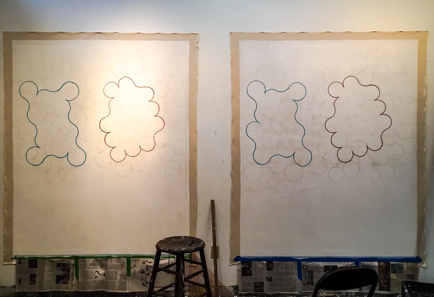 The After Agnes Martin series in process in the studio.