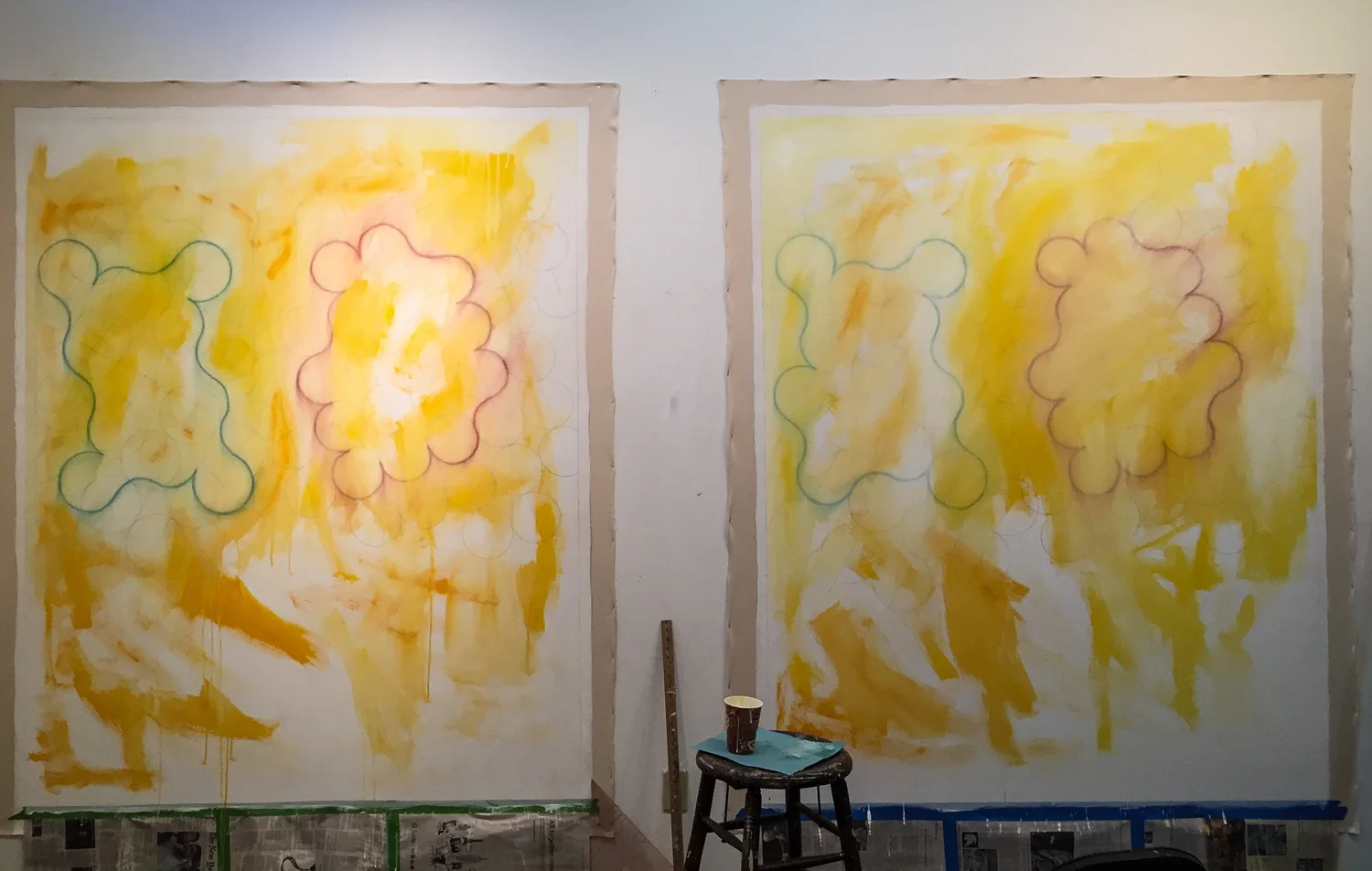 The Agnes Martin series in process in the studio.
