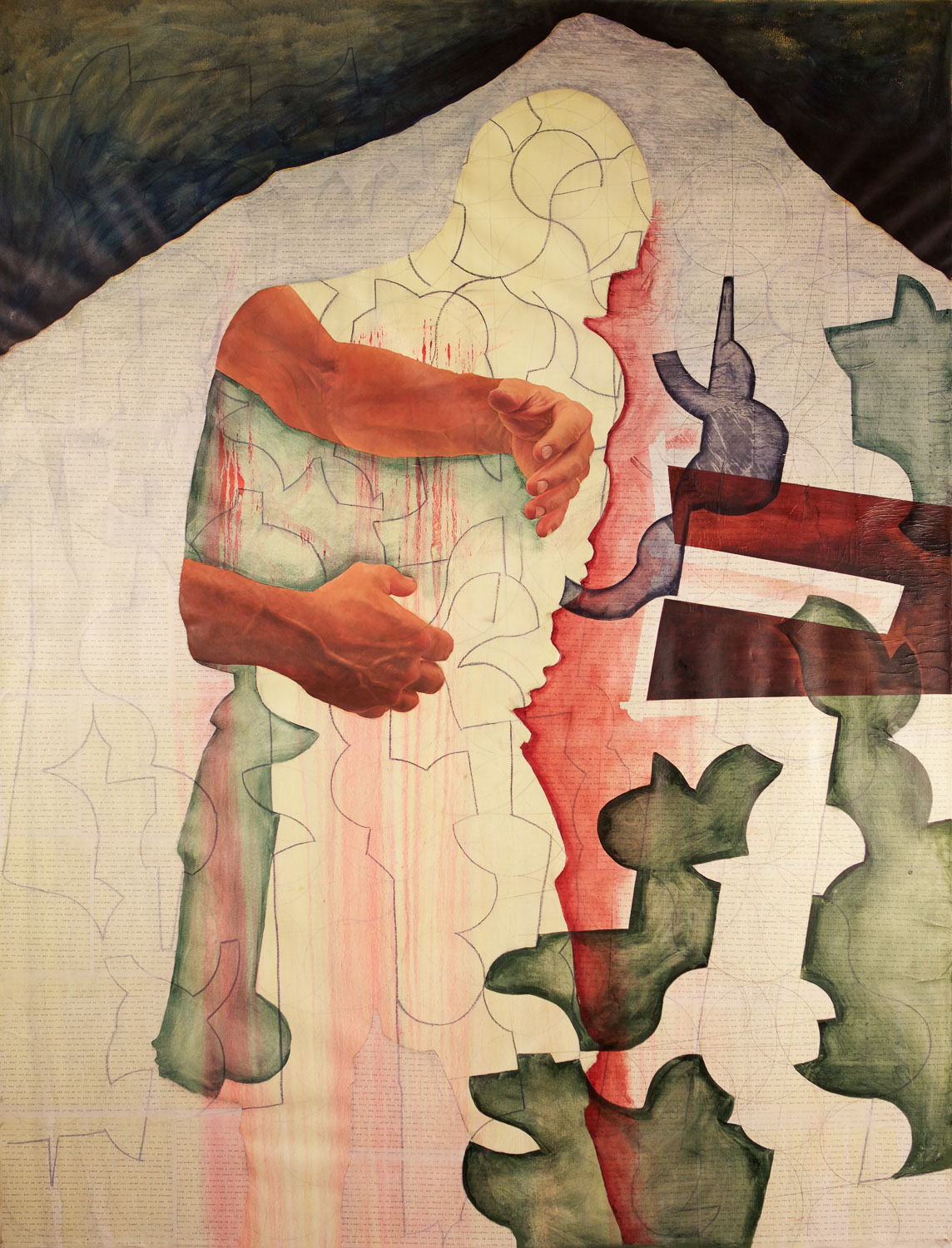 Recovering the body 1 , oil on canvas and collage, 2014, 74”x 68”