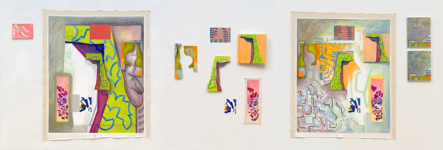 after seeing everything, 2014, oil/acrylic on canvas, paper and panel, overall dimensions 86 x 260