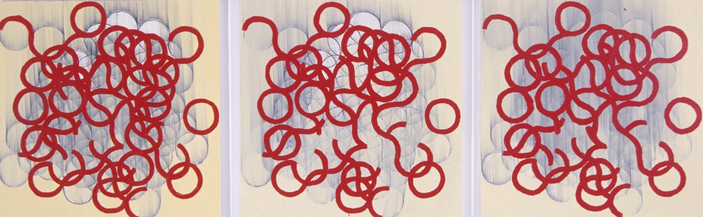 3 similar efforts (yellow) , 2001, 24x24" each, oil on panel