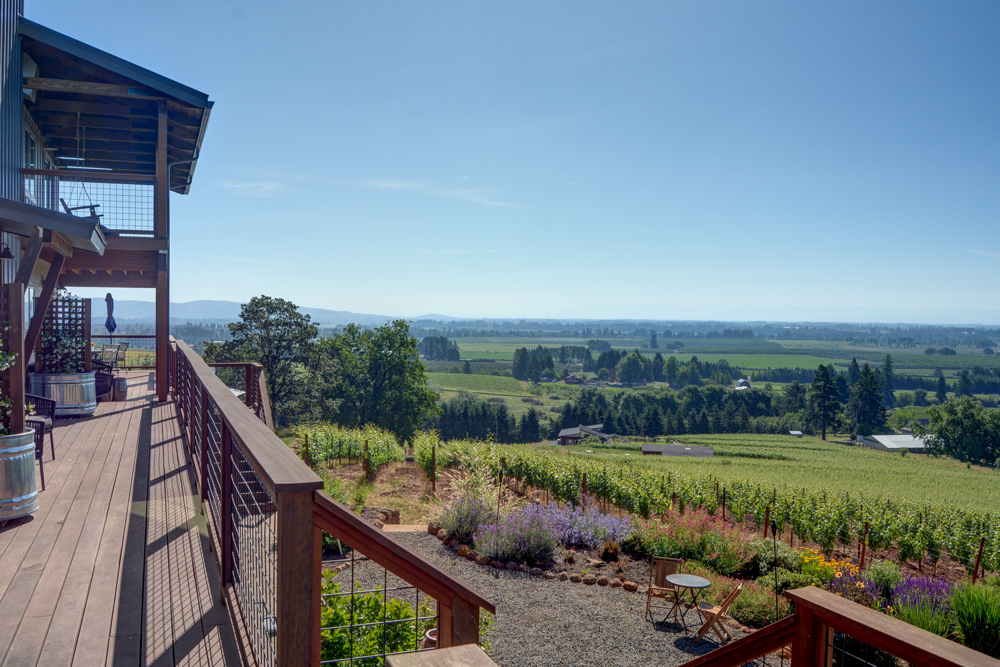 Each guest suite has a private sitting area on a deck overlooking the valley