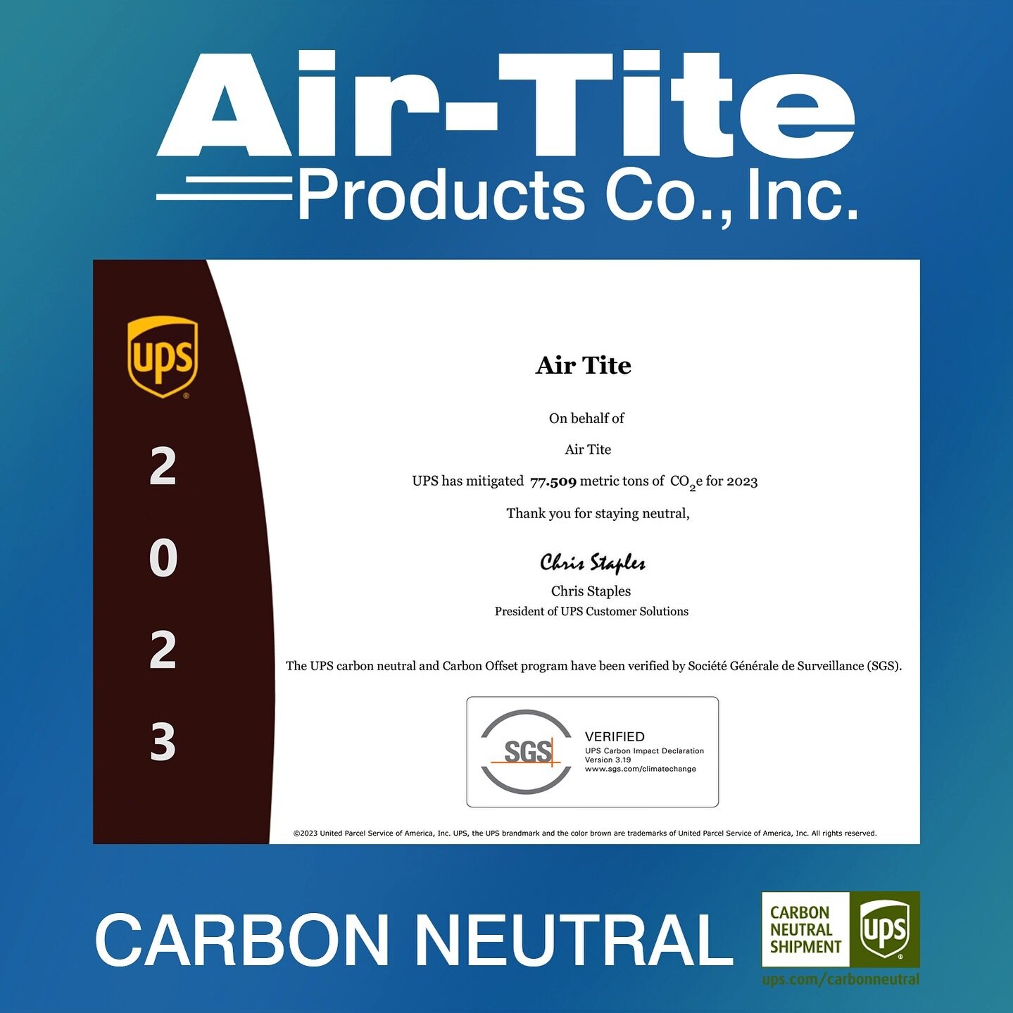🌿 For the past 13 years, Air-Tite has proudly partnered with UPS for their Carbon Offset program to reduce our carbon footprint. This past year, we were able to mitigate 77.509 metric tons of CO2 emissions. Air-Tite is actively searching for ways to