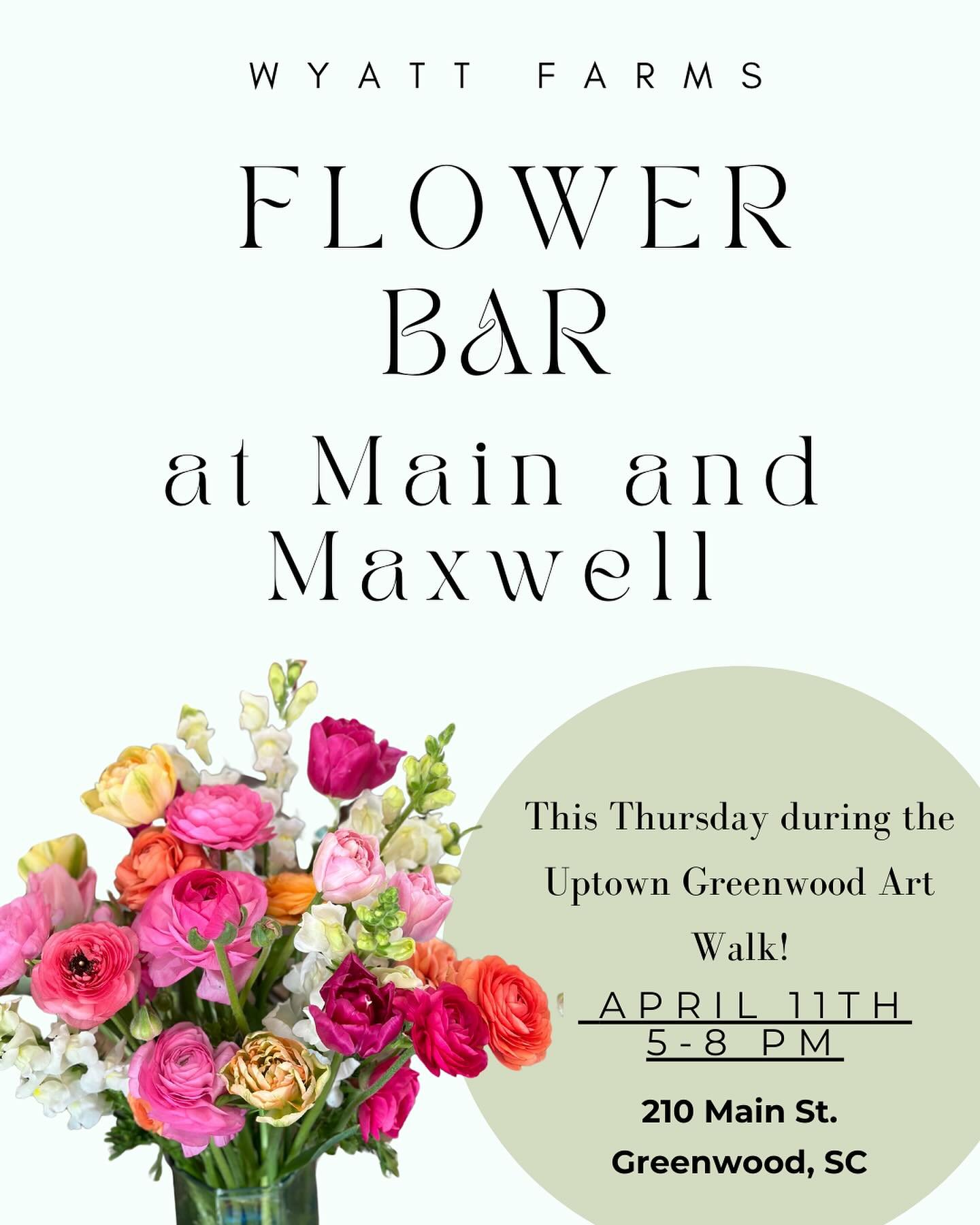 Come see us this Thursday(5-8pm) at @mainnmaxwell and build your own arrangement during the Uptown Greenwood Art Walk 💐 

Visit Main and Maxwell and see all their gorgeous art work! @sunshinesoda.gwsc will be serving delicious sodas + leather keycha