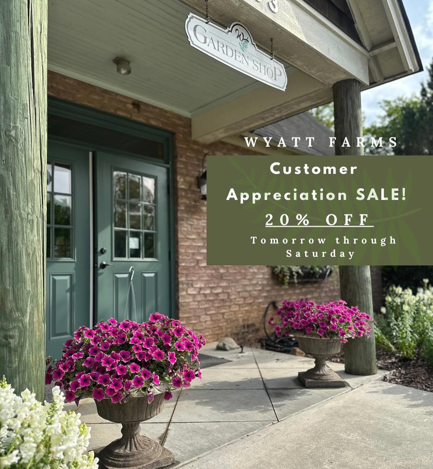 OUR SALE BEGINS TOMORROW!!! 20% off your purchase!! Browse our selection of blooming annuals, shrubs, gifts, houseplants, and more this weekend🌟

Pssstttt.. a little sweet treat and bubbles may be in store for you as well 😉

Sale days : 
&bull;Tomo