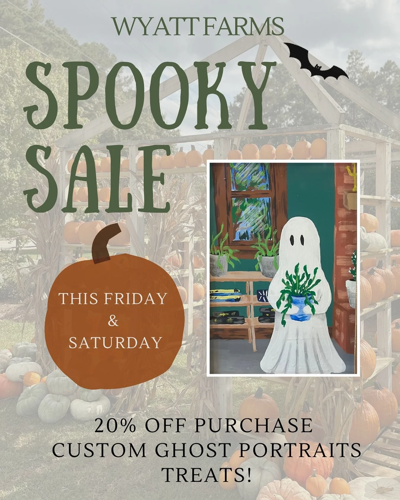 SALE TIME! 20% off your purchase this Friday &amp; Saturday!!! 🎃🦇👻

👻 Live painting of custom ghost portraits all day Saturday!  9am-5pm
👻 Complimentary treats for you !

103 Wyatt Court Greenwood SC
864-229-6252