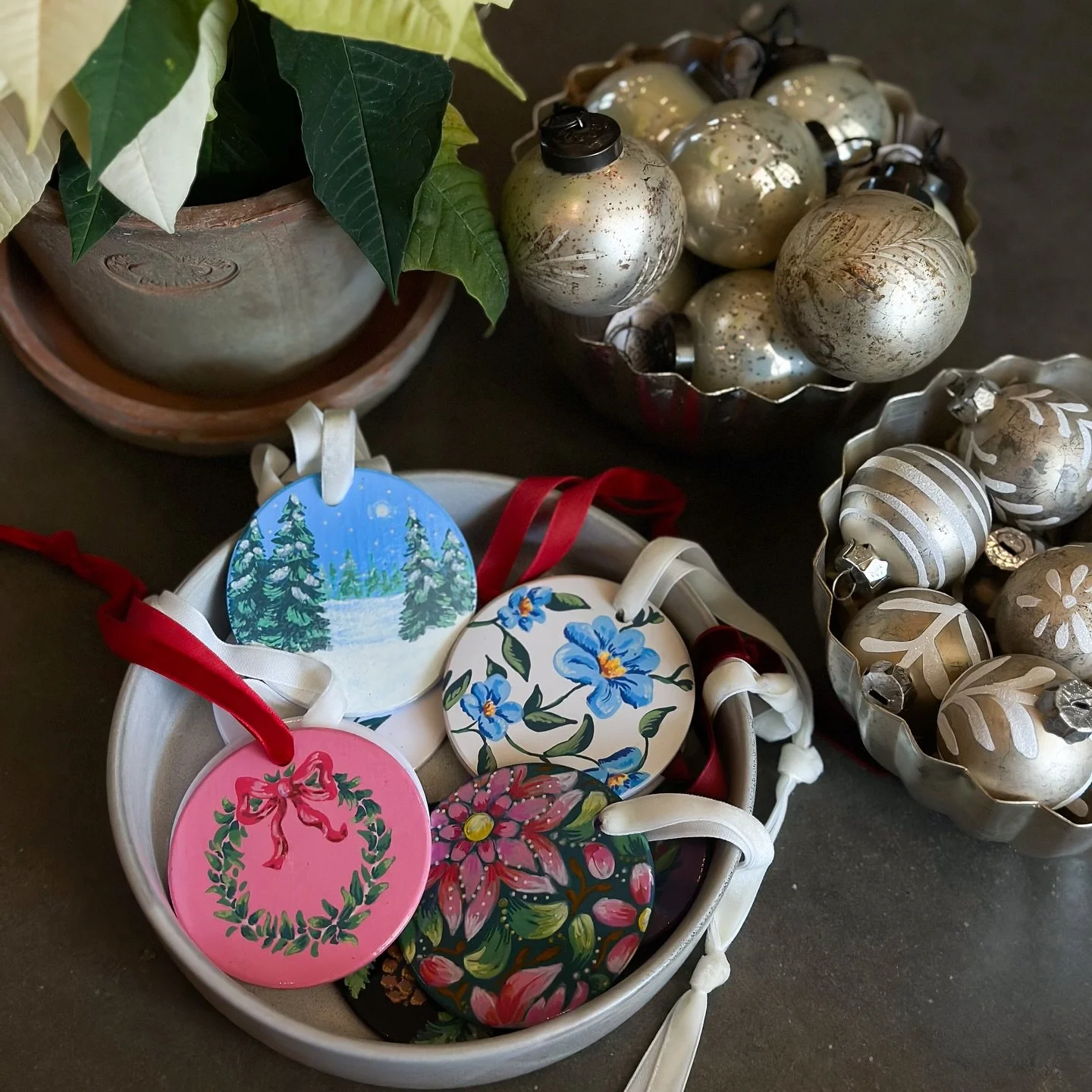 Hand-painted ornaments by the talented Sam + all kinds of styles &mdash; come grab your holiday favorites! 🎄✨ 
Ask us about customizing! 
9am-5pm Monday-Saturday