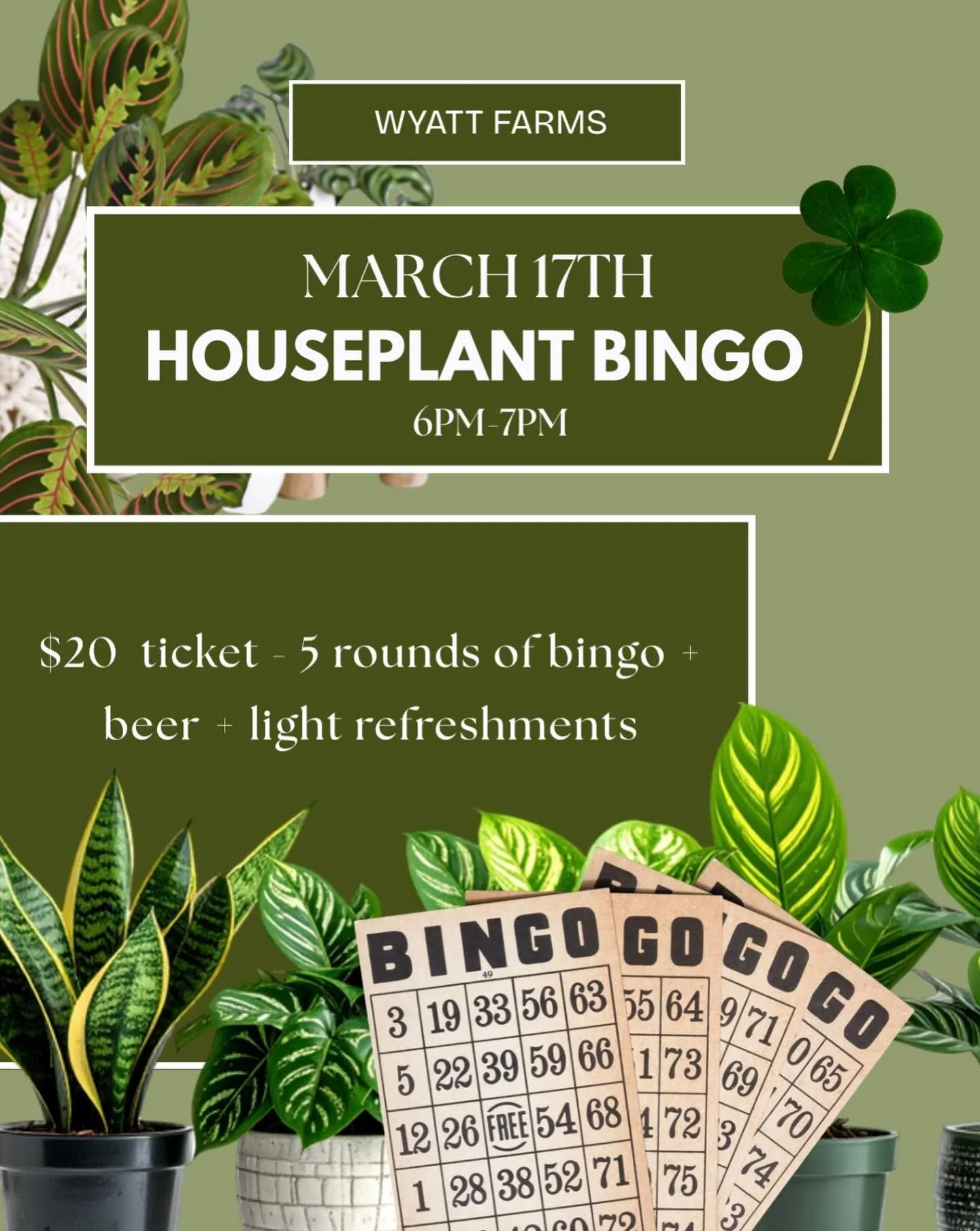 Join us next Tuesday (St. Patrick&rsquo;s Day) for an evening of fun! 🍀🍺

6pm-7pm Houseplant Bingo in the Garden Shop - 🪴
Sign up through the link in our bio! Winners receive houseplants!!!