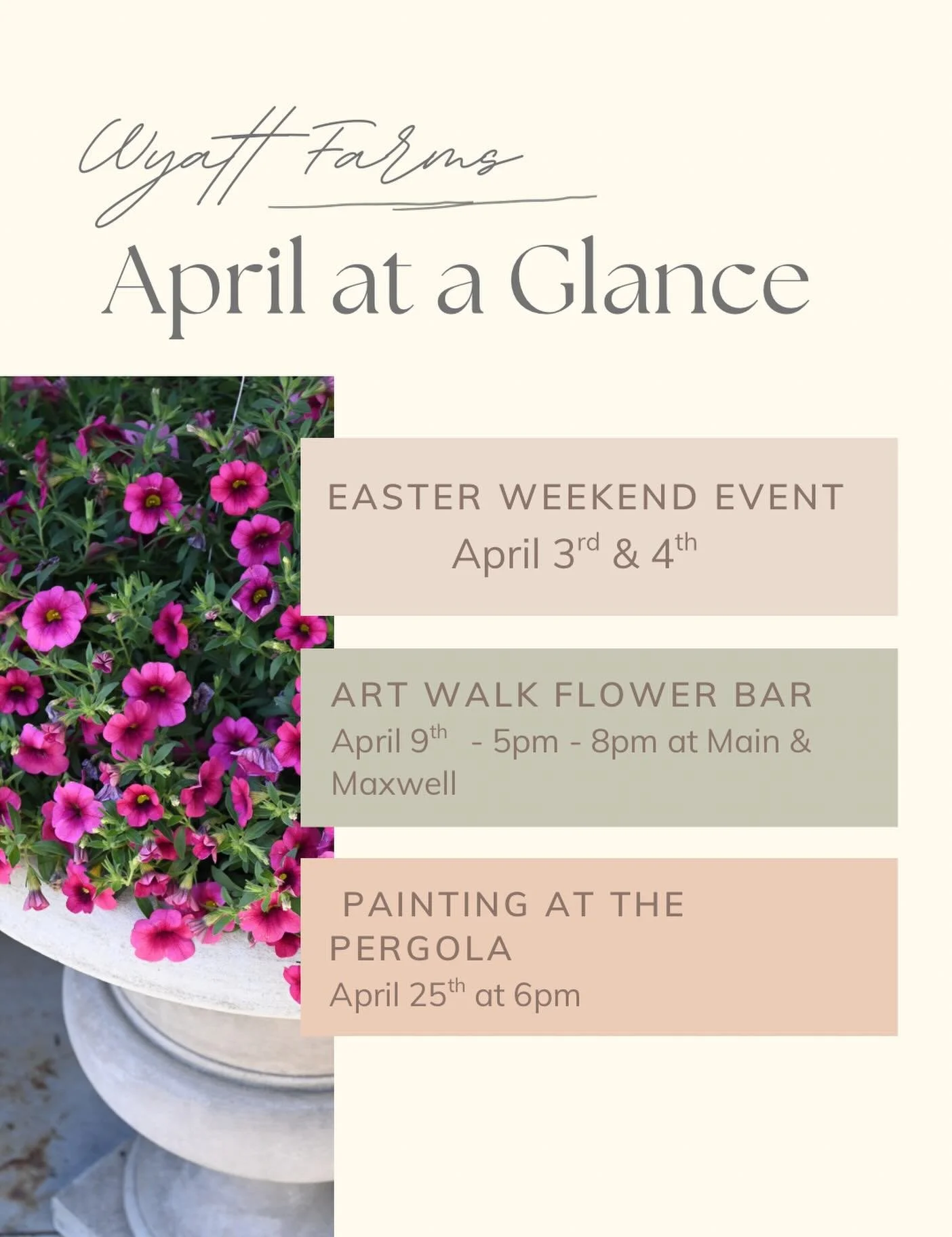 Next week is APRIL!!! Here&rsquo;s a little glance at what will be happening next month 🐣🐰🥕

April 3rd &amp; 4th - Easter Weekend at Wyatt Farms 
CHARMING GOURMET STICKS POP-UP
FRESH FLOWER ARRANGEMENTS
 SALES 
@charminggourmetsticksllc 

April 9t