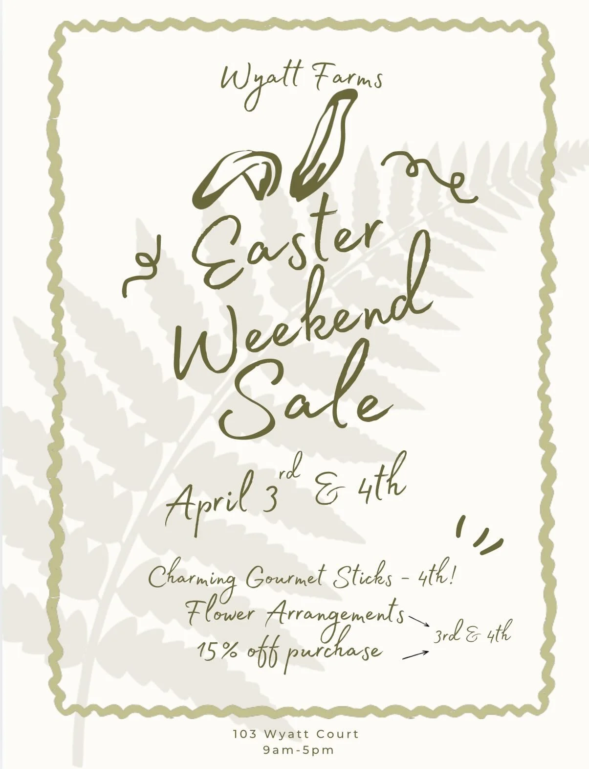 🌷 Easter is almost here &amp; so is our SALE! 🐣 

Easter Weekend Sale this Friday &amp; Saturday! 
15% off + Fresh Flower Arrangements (Fri &amp; Sat) &amp;&amp;&amp;&amp; our fave
CHARMING GOURMET STICKS POP-UP!!! (Saturday) @charminggourmetsticks