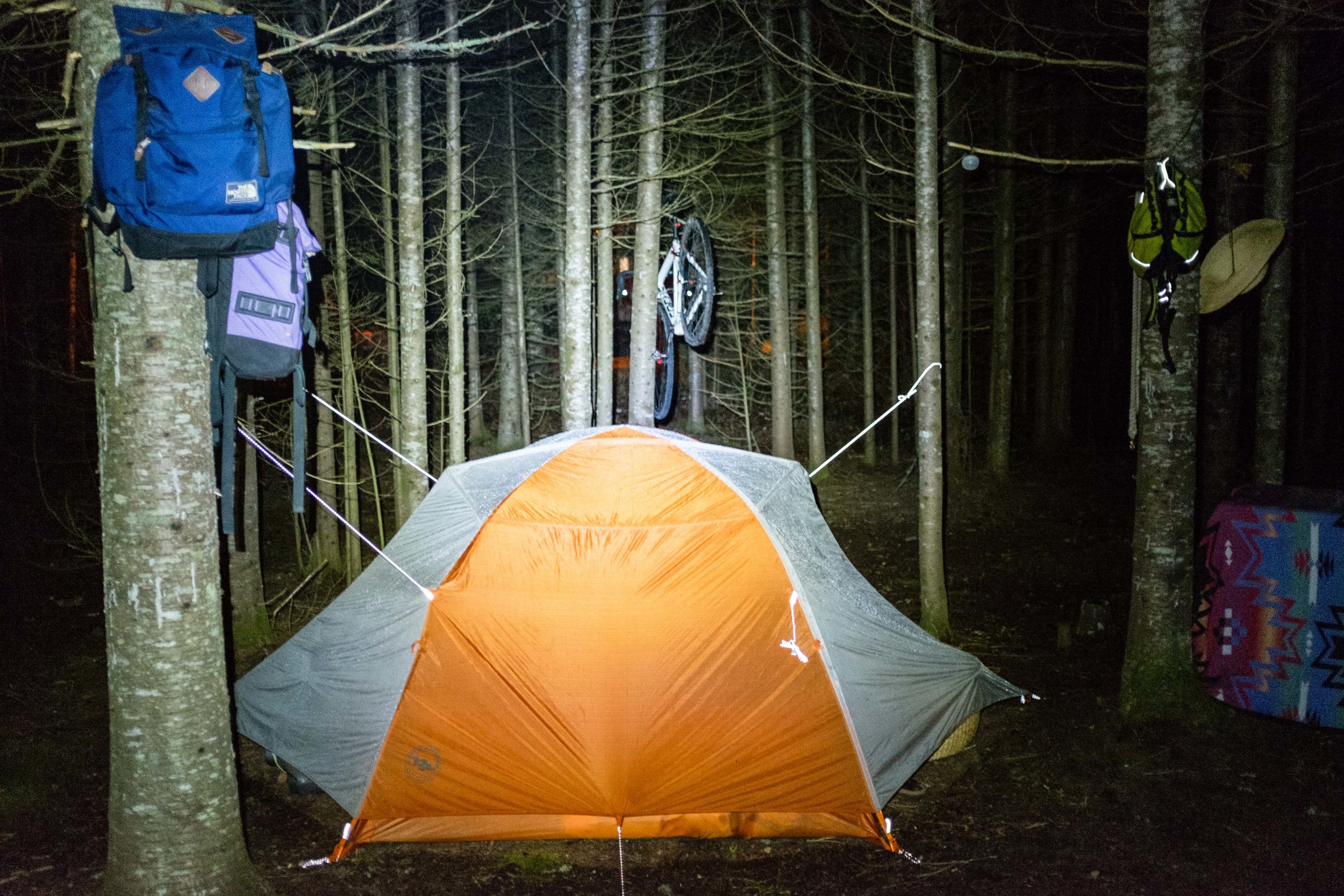 We got our shelter all set up in a deep pine grove on the outskirts of the campground. The trio of sites 20, 30, and 32, 10/10 would recommend.