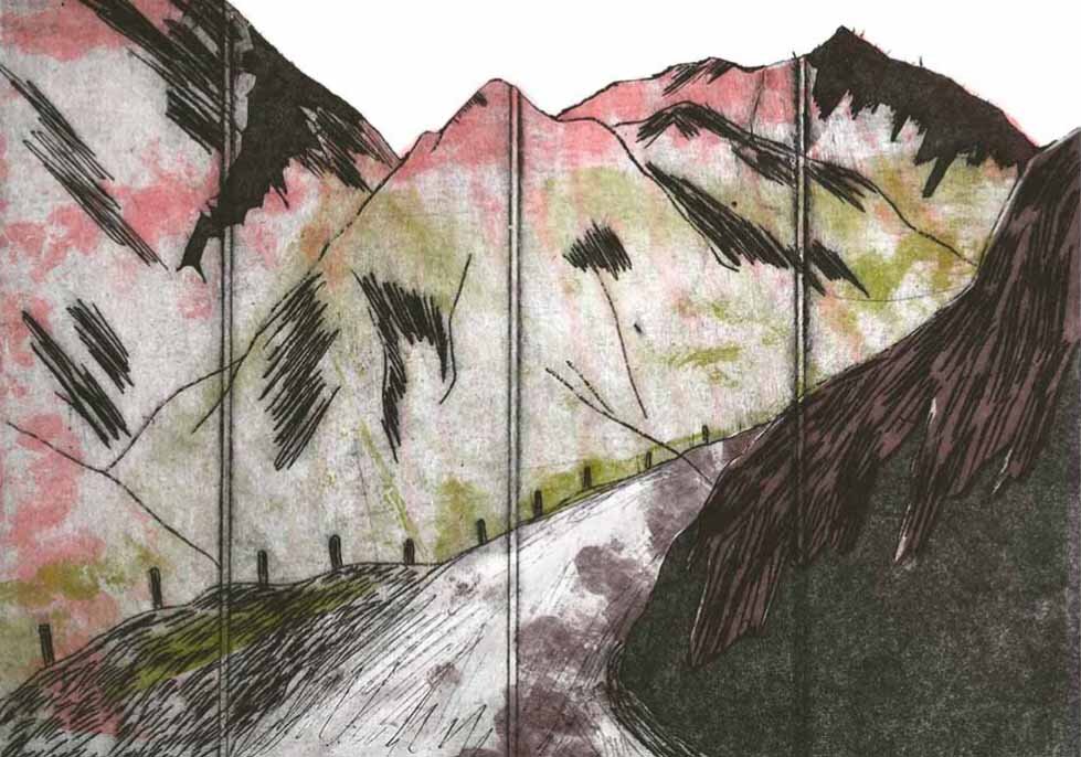 landscape inspired by Japanese woodcuts (digitally coloured collagraph print)