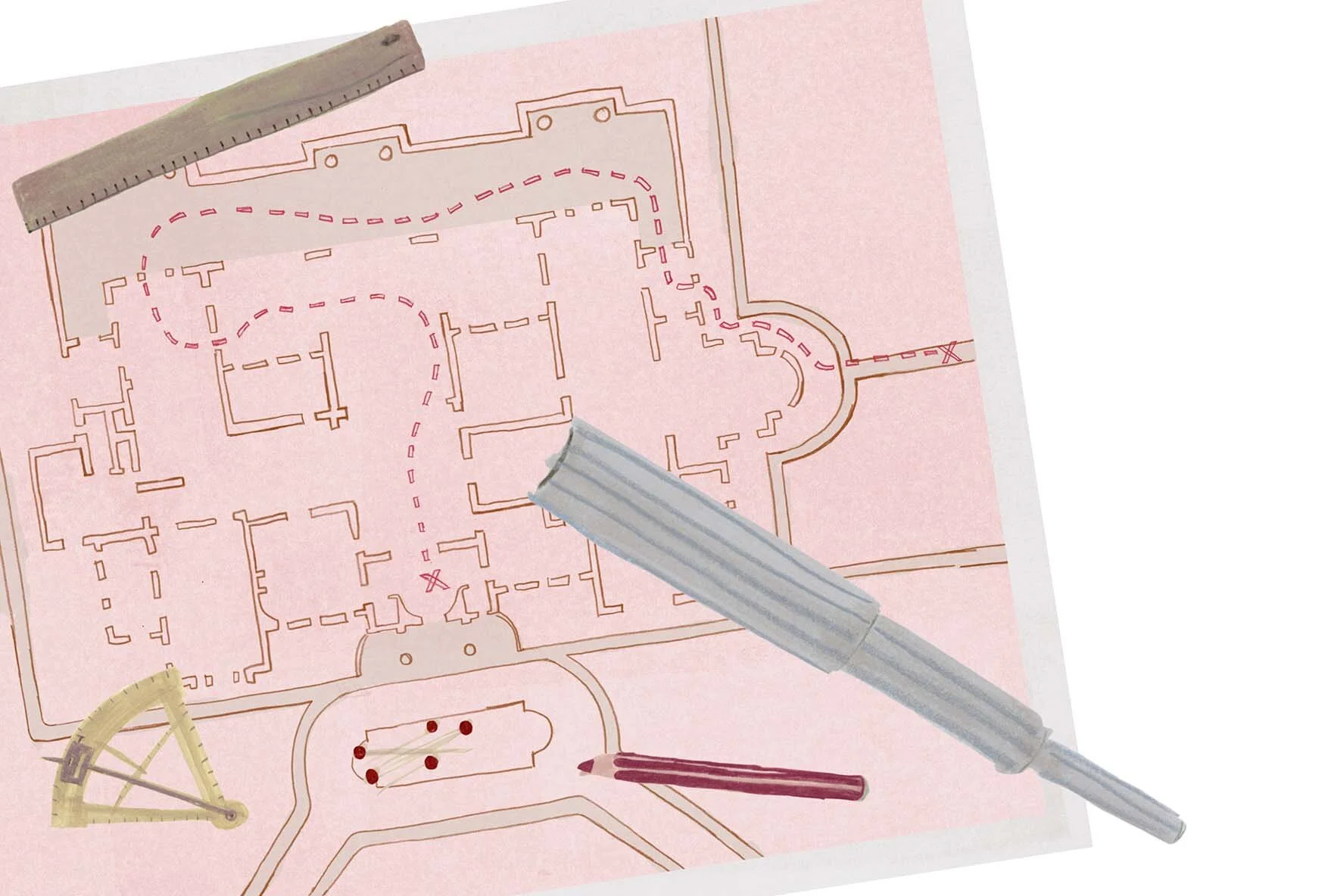 Mixed media images from sketchbook on a digitally created map from scanned in textures and drawings