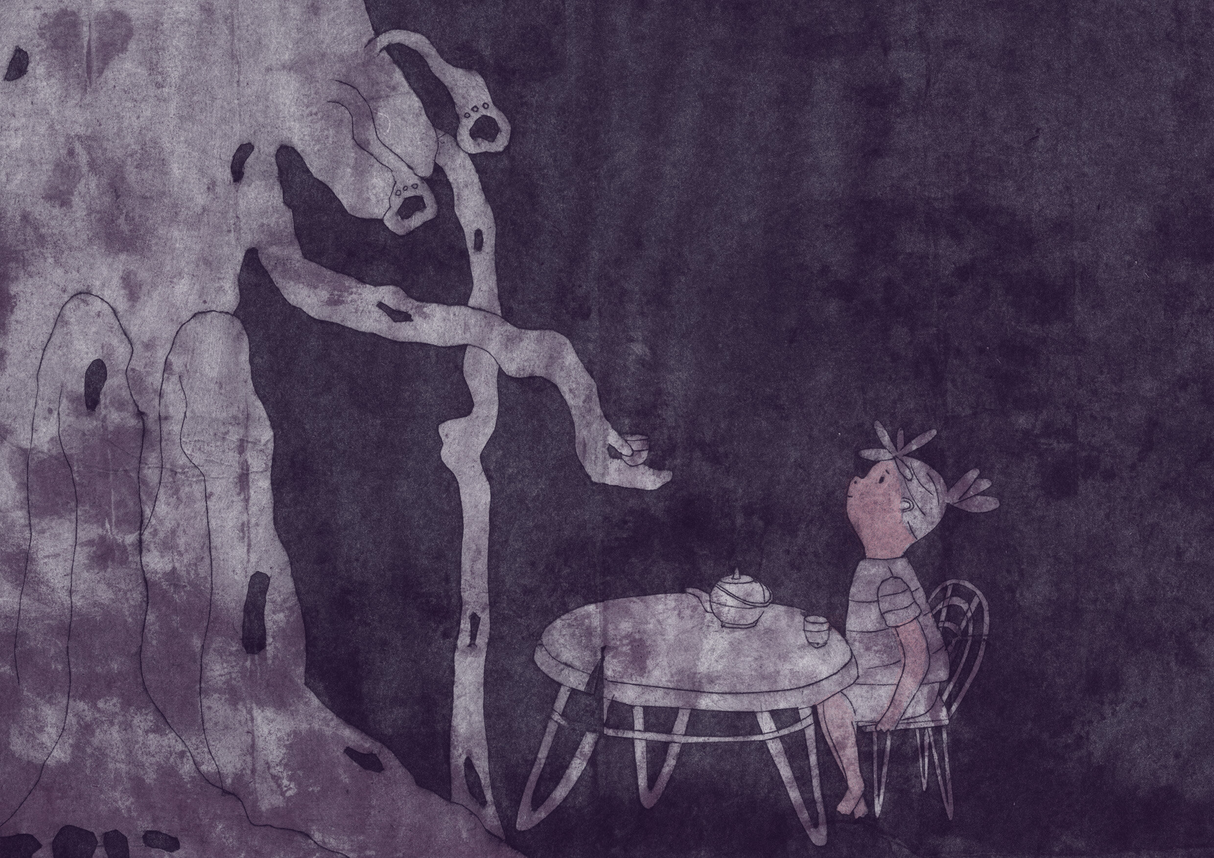 'Tea party' spread from the picture book 'Midnight Monster' (unpublished, 2020)