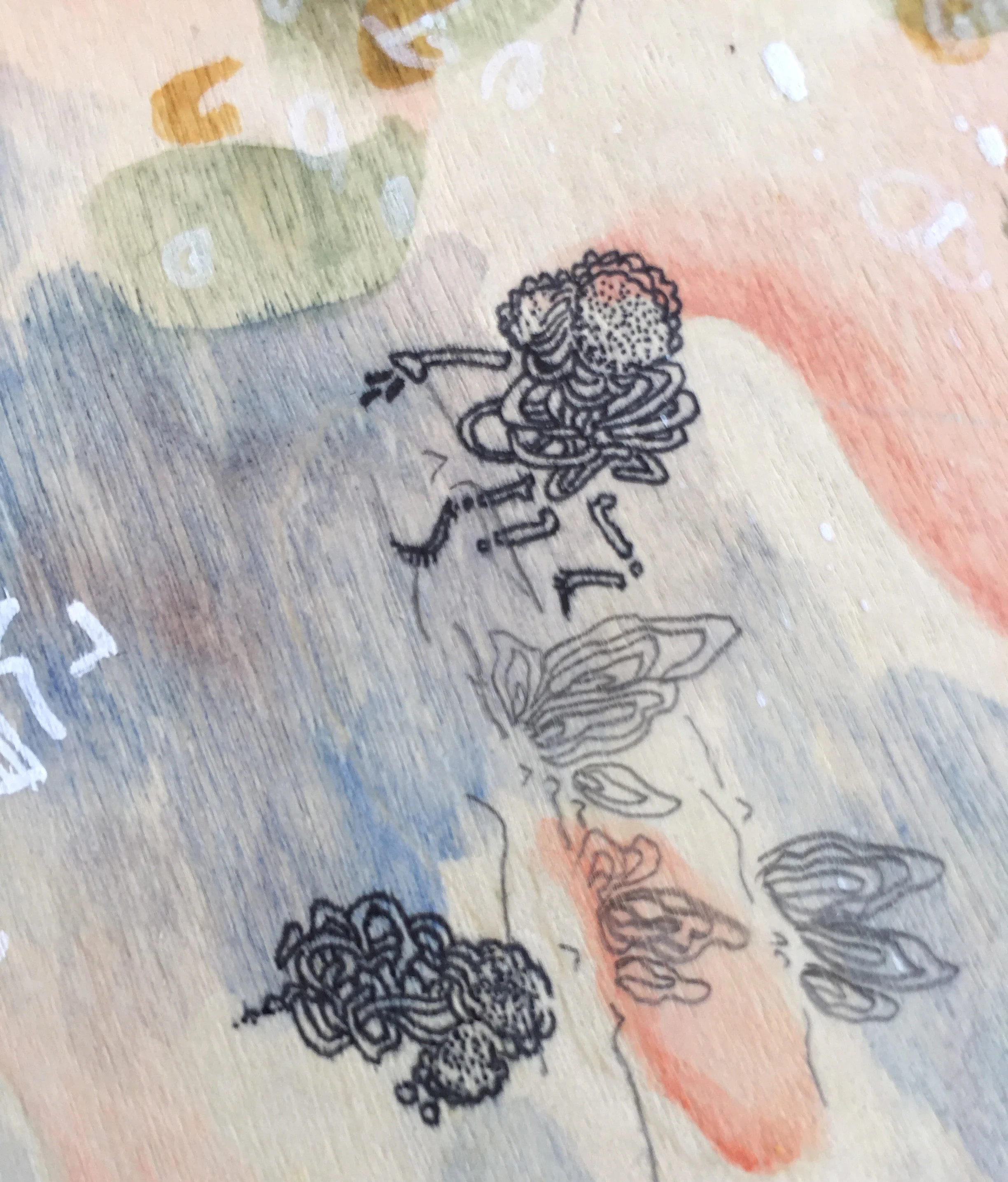   Fly Boy (detail shot of abstract work in progress)  pen, graphite and watercolor on wood panel 2017 