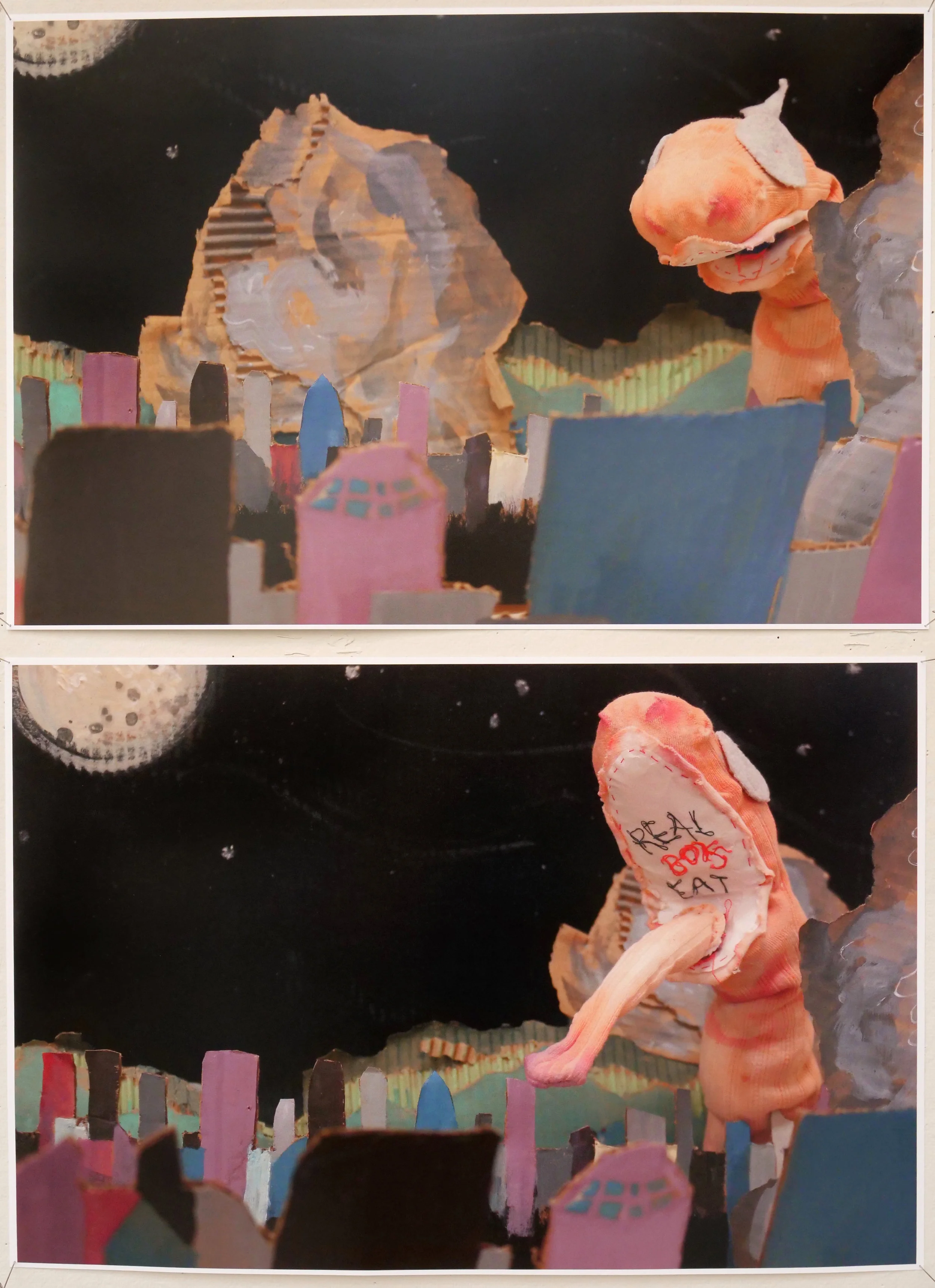   ‘Real Boys Eat (Dysphoria is the Sock Puppet Monster Wreaking Havoc on Childhood Towns)’  12”x18”, laser prints on cardstock 2018 