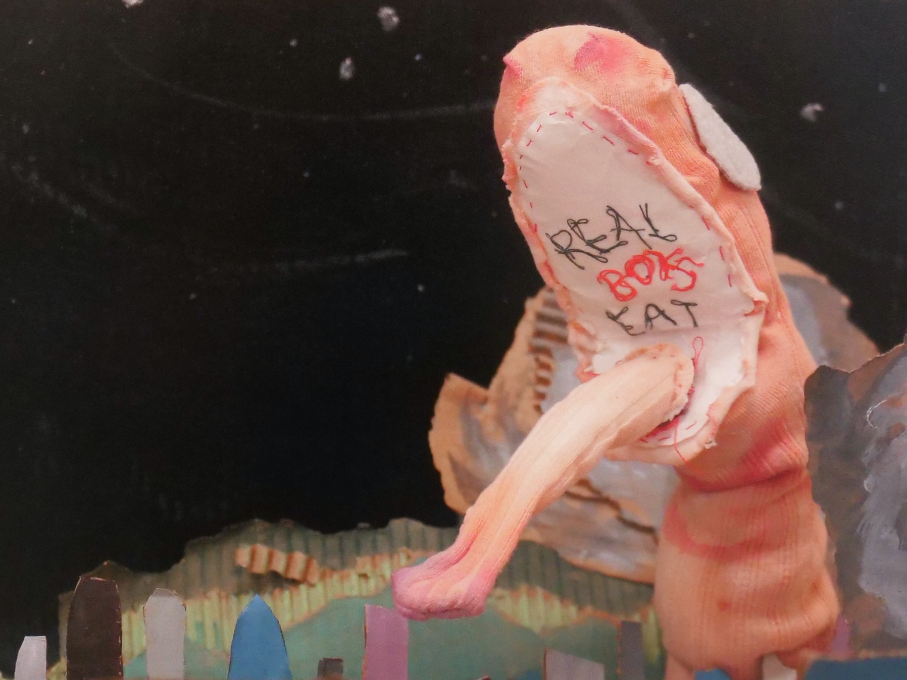   detail of ‘Real Boys Eat (Dysphoria is the Sock Puppet Monster Wreaking Havoc on Kid-Friendly Towns)’  12”x18”, laser prints on cardstock 2018 
