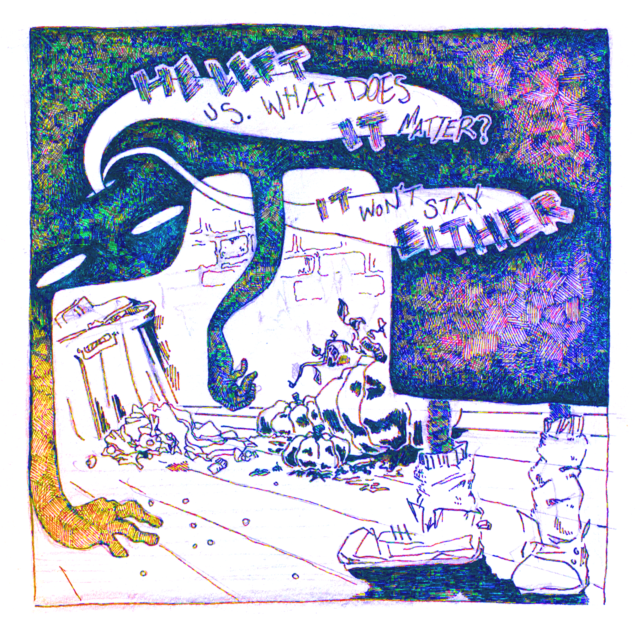   “What Does IT Matter” Static Color   panel from collaborative comic project ink on paper &amp; digital manipulation, 2018  