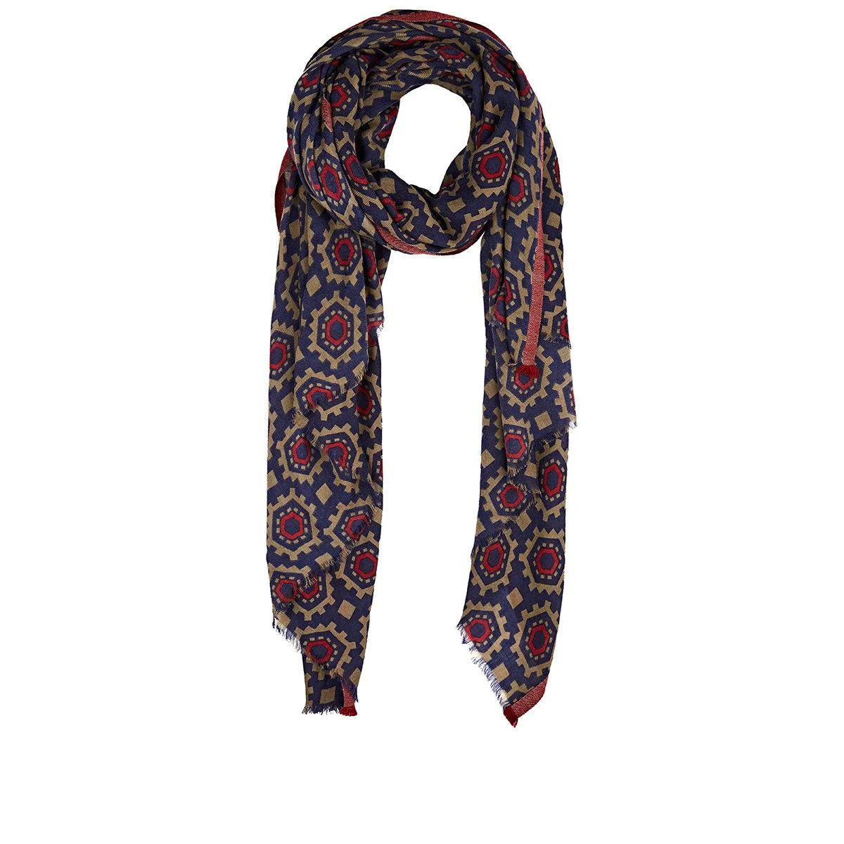 LOVAT & GREEN Hexagon Print Wool Scarf Navy