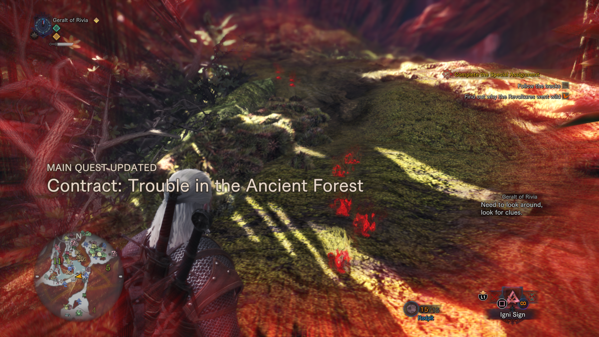 Yup. Witcher sense highlighting things in red, and the Monster Hunter World HUD. Delivered as promised.