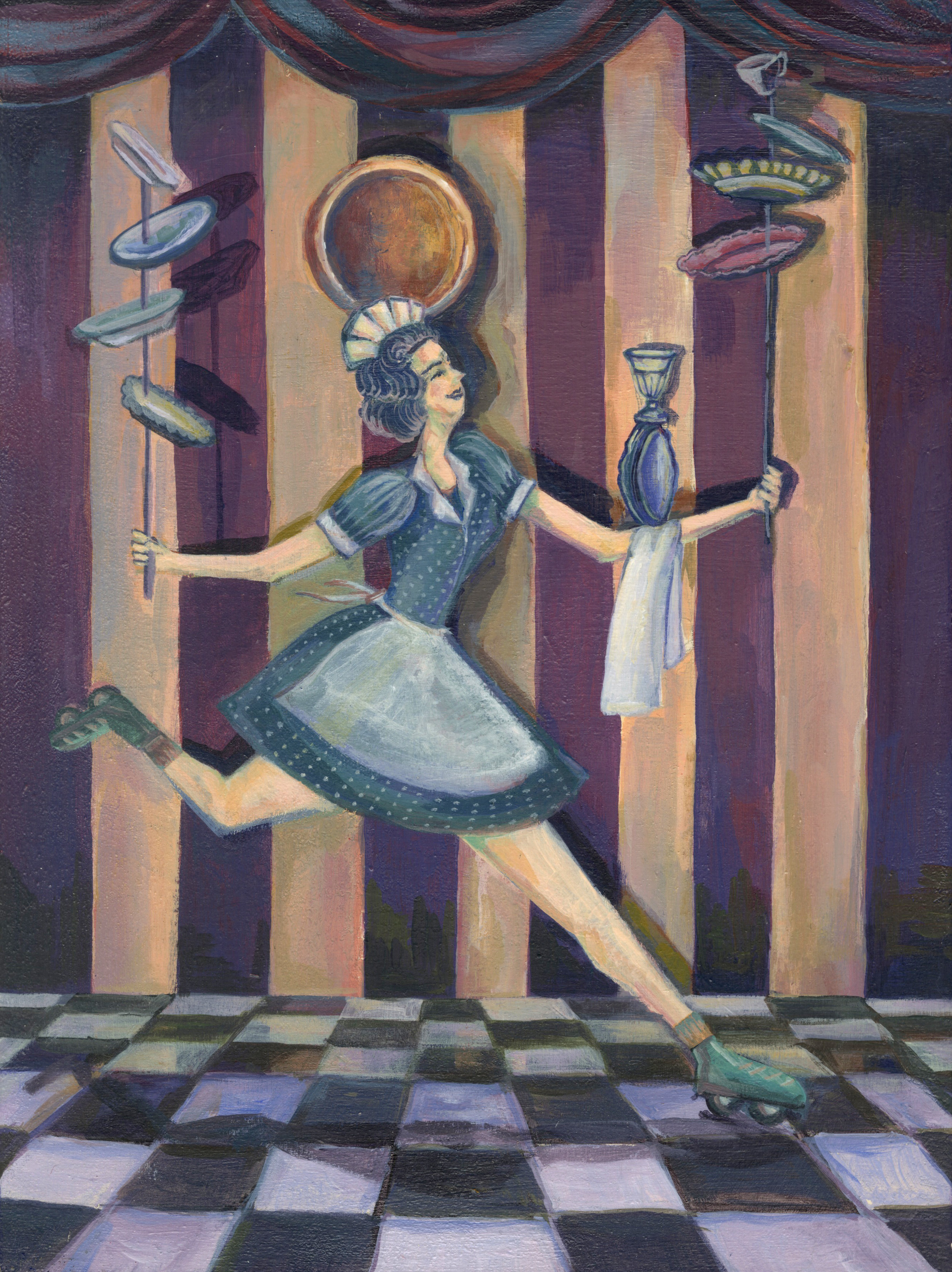Plate Juggler She enjoys her work because she always performs an amazing juggling for her customers and gives joy. It is a secret that she needs tips. 