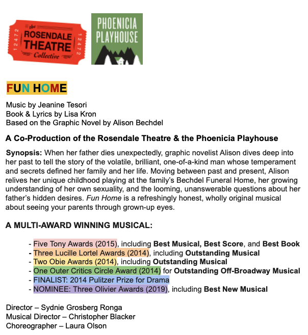 Fun Home - Music by Jeanine Tesori, Book and Lyrics by Lisa Kron, Based on the Graphic Novel by Alison Bechdel. A Co-Production of the Rosendale Theatre & the Phoenicia Playhouse. A Multi-Award Winning Musical. Directed by Sydnie Grosberg Ronga.