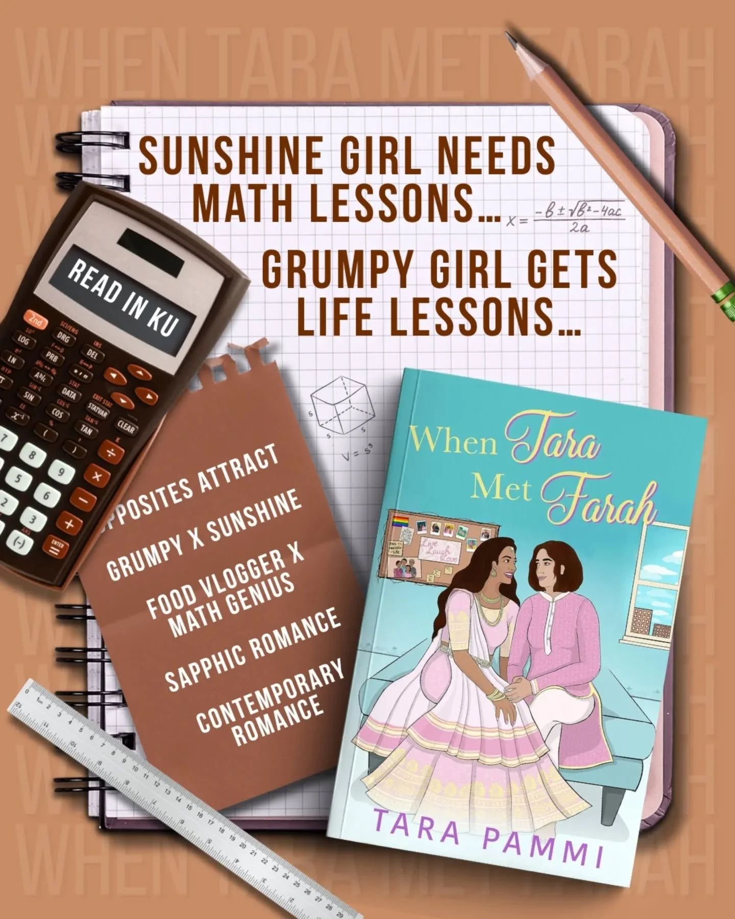 🩵 When Tara Met Farah 🩵
By Tara Pammi 

Tropes:
🩵 Opposites attract 
🩵 Grumpy x Sunshine 
🩵 Food vlogger x Math genius 
🩵 Sapphic romance 
🩵 New adult contemporary romance

Available on Amazon and KU 

When Tara Met Farah is a new adult contem