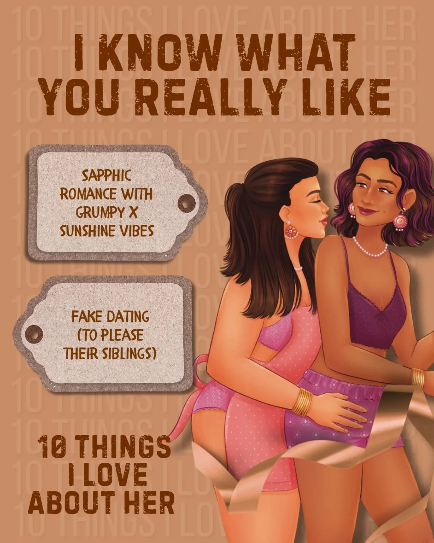 📖: 10 Things I Love About Her

Tropes:
🤎 Sapphic Romance 
🤎 Age Gap Romance
🤎 Grumpy x Sunshine
🤎 Opposites Attract
🤎 Fake Dating (to please their siblings)
🤎 Maids of Honor Shenanigans
🤎 Taming of the Shrew&ndash;adjacent
🤎 Slow Burn to Spi