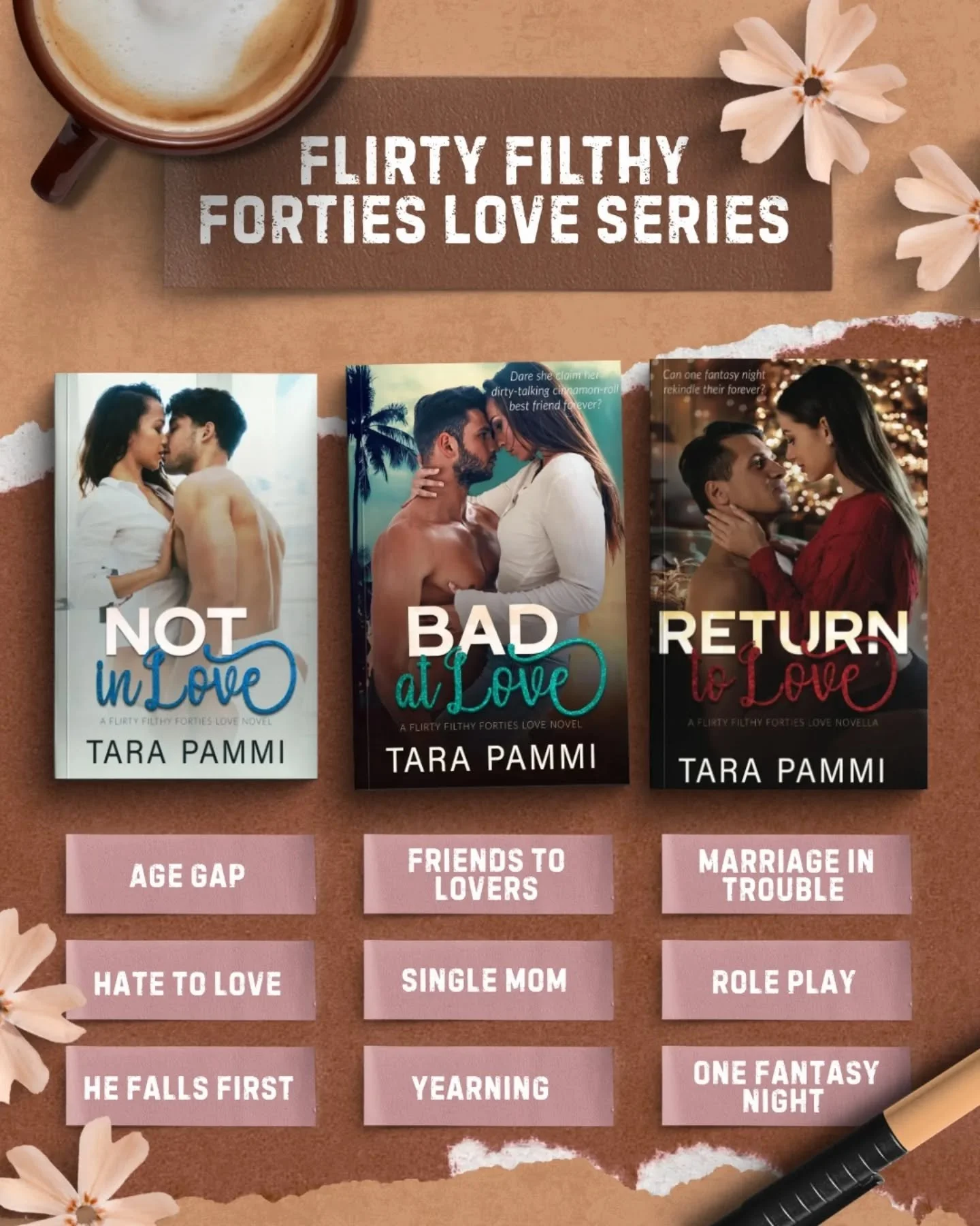 Sharing a quick guide to the Flirty Filthy Forties Love Series because why not 🤭

📖: Not In Love: Kash x Diego

Love hate to love romance with age gap? This one is the perfect read for you.

📖: Bad At Love: Chaaru x DP

Like friend to lovers with 