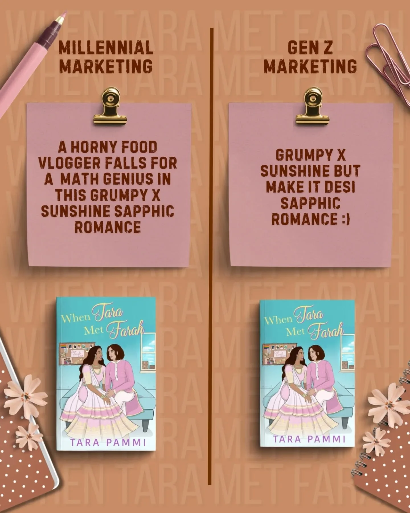Joining the millennial marketing vs gen z marketing trend because why not 🤭

🩵 When Tara Met Farah 🩵
By Tara Pammi 

Tropes:
🩵 Opposites attract 
🩵 Grumpy x Sunshine 
🩵 Food vlogger x Math genius 
🩵 Sapphic romance 
🩵 New adult contemporary r