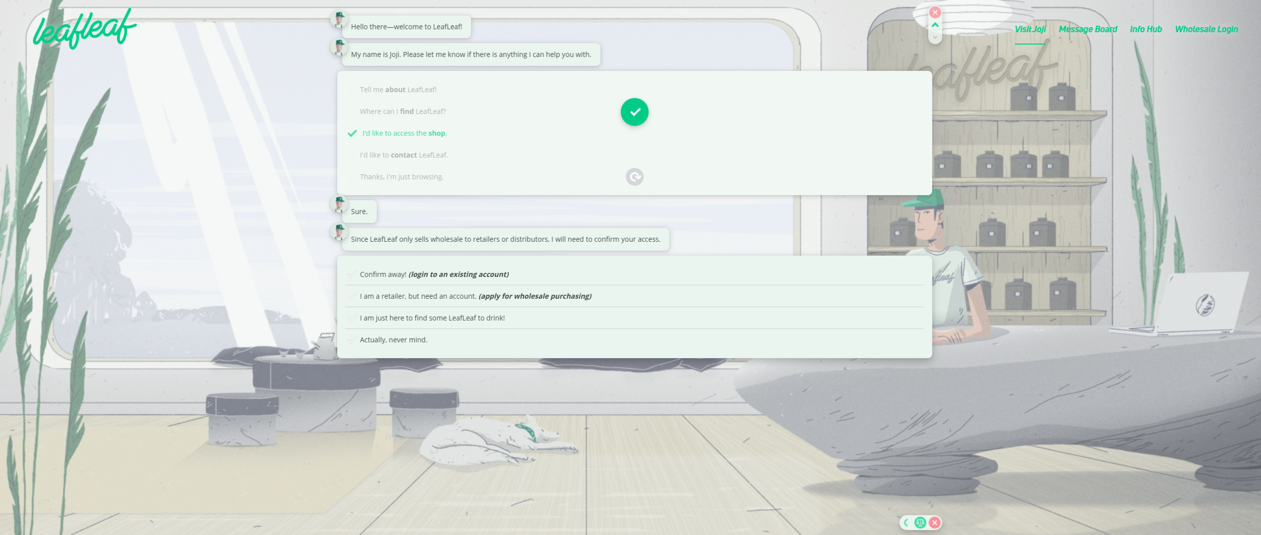 Joji, LeafLeaf's automated chatbot, helps visitors learn and find their way.